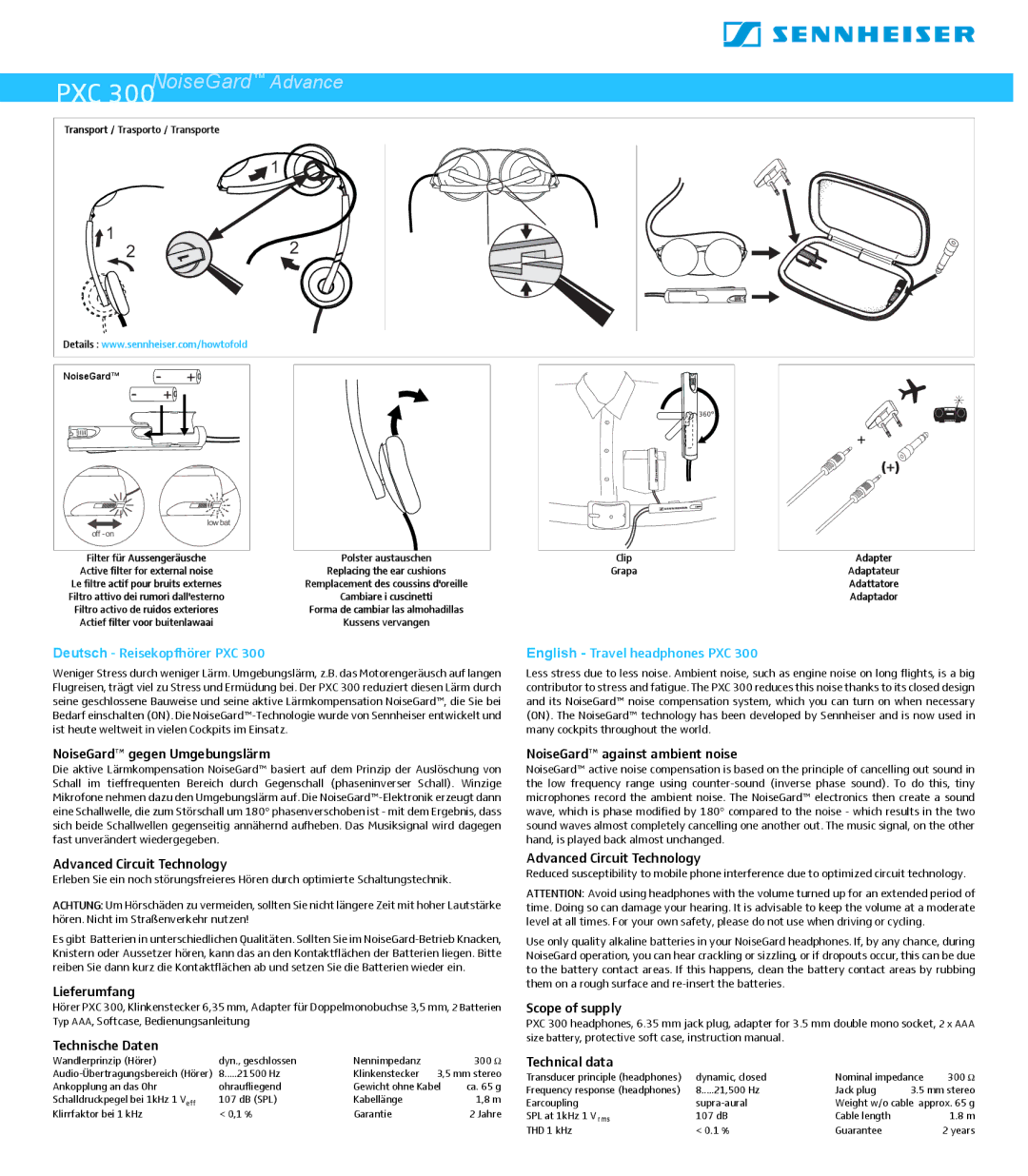 Sennheiser PXC 300 instruction manual Deutsch Reisekopfhörer PXC English Travel headphones PXC 