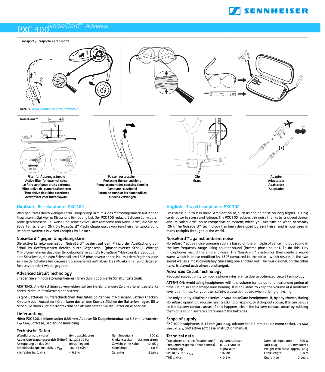 Sennheiser PXC 300 warranty Headphones Travel Headphones, Cat. No, General Description, Features, Technical Data 