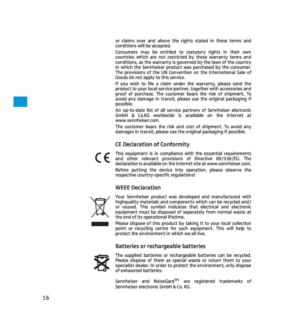 Sennheiser PXC 350 instruction manual CE Declaration of Conformity, WEEE Declaration, Batteries or rechargeable batteries 