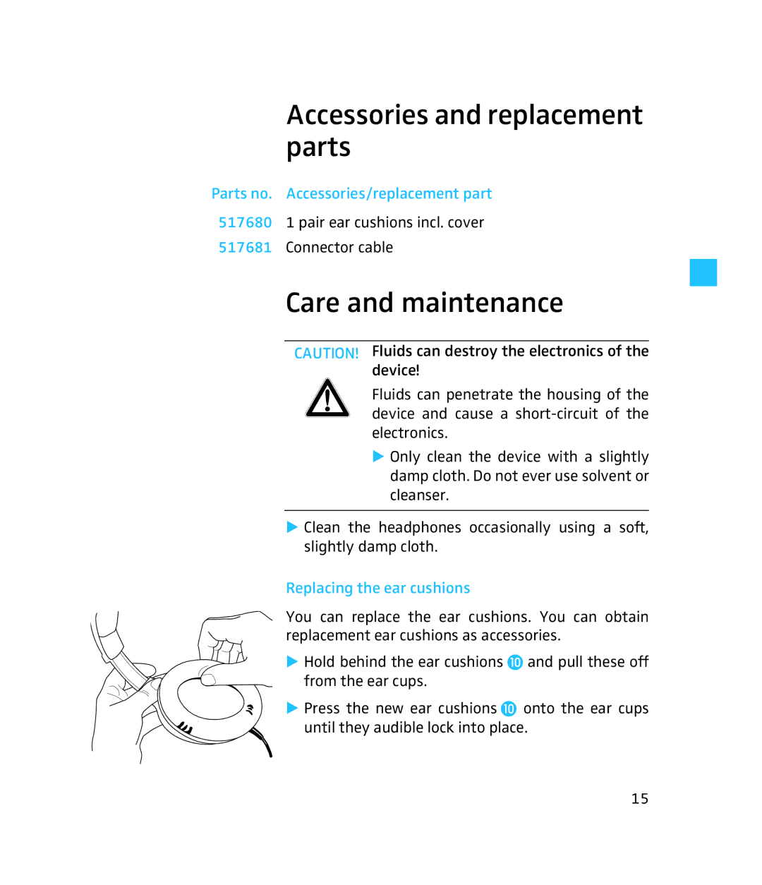 Sennheiser PXC 450 Accessories and replacement parts, Care and maintenance, Parts no. Accessories/replacement part 