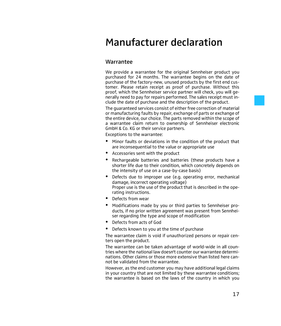 Sennheiser PXC 450 instruction manual Manufacturer declaration, Warrantee 