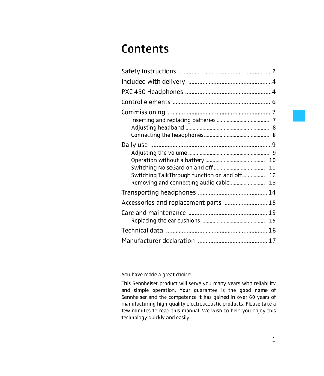 Sennheiser PXC 450 instruction manual Contents 