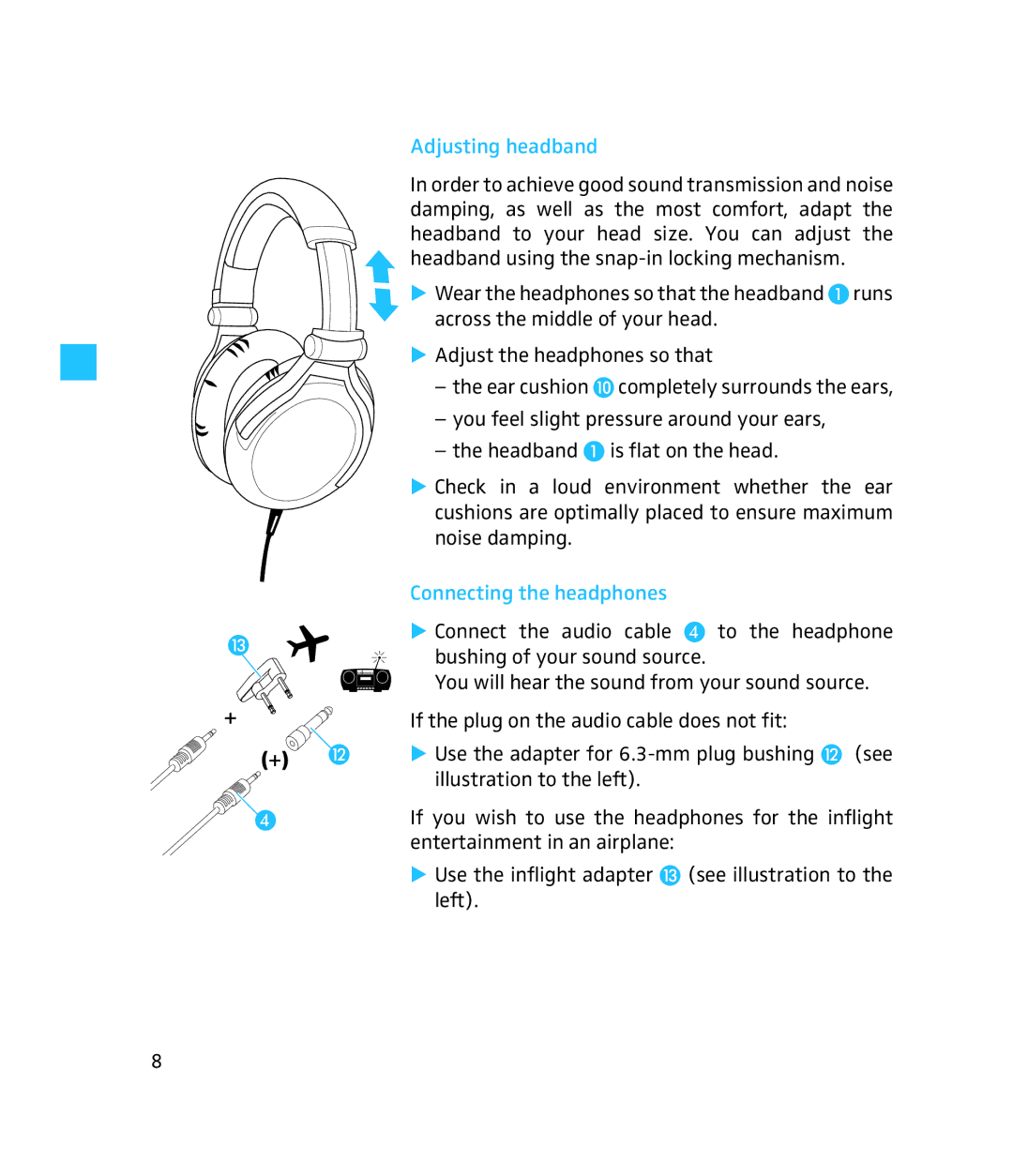 Sennheiser PXC 450 instruction manual Adjusting headband, Connecting the headphones 