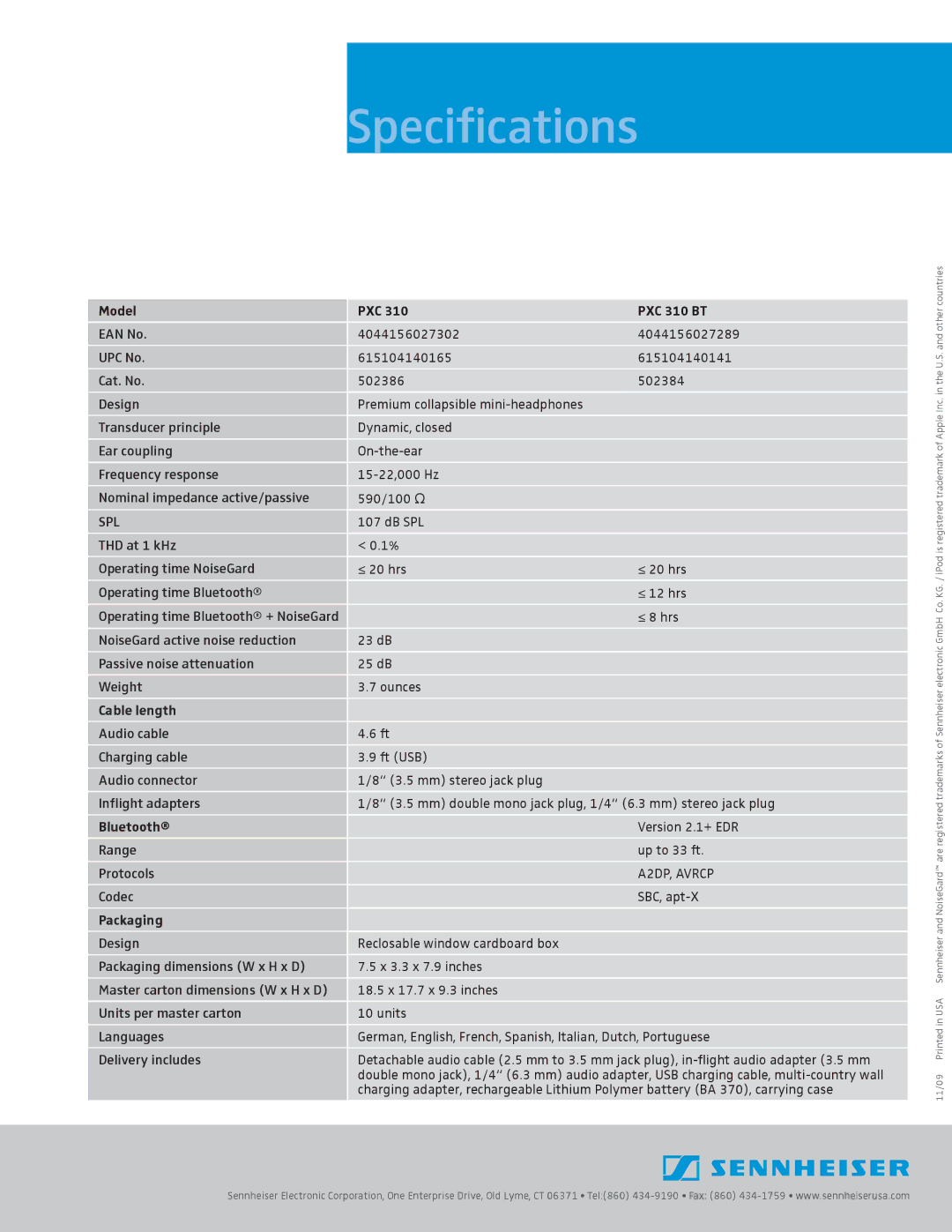 Sennheiser PXC310 specifications Model PXC PXC 310 BT, Cable length, Bluetooth, Packaging 