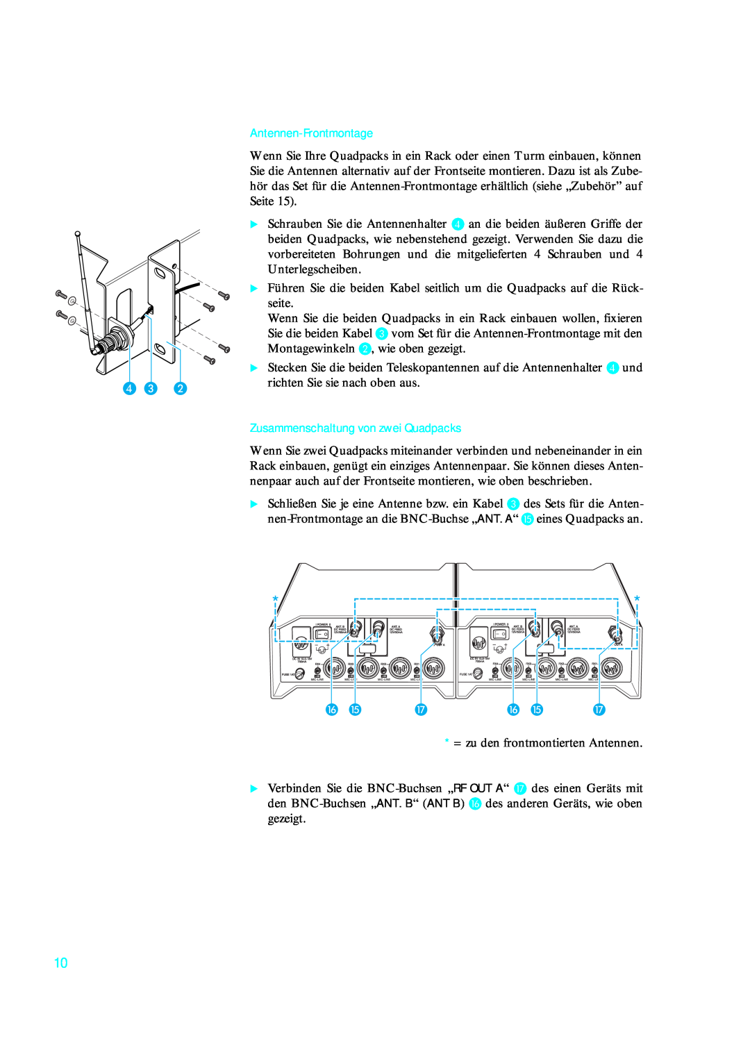 Sennheiser qp 3041 instruction manual D C B, Antennen-Frontmontage, Zusammenschaltung von zwei Quadpacks, P O Q P O Q 