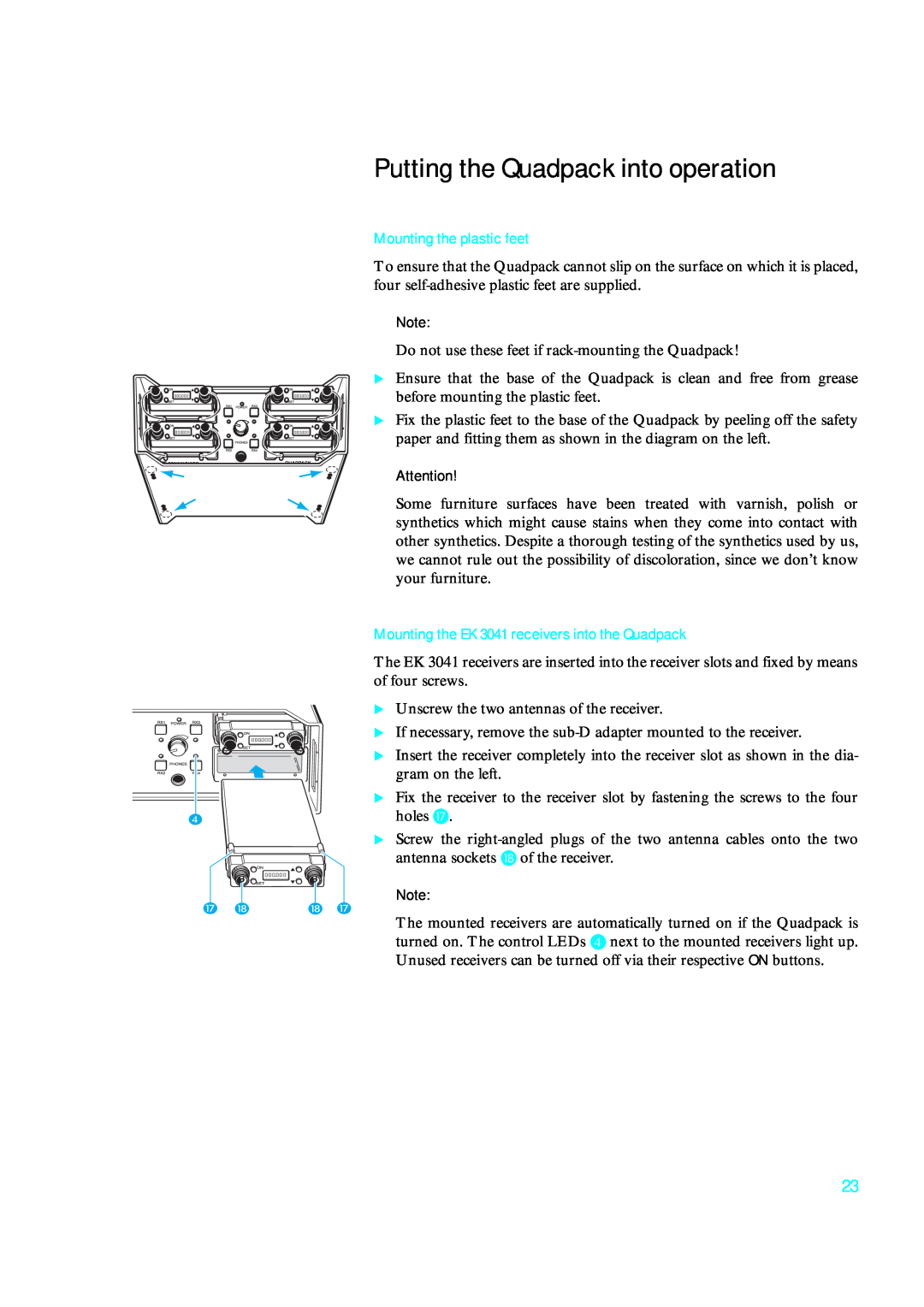 Sennheiser qp 3041 instruction manual Putting the Quadpack into operation, Mounting the plastic feet 