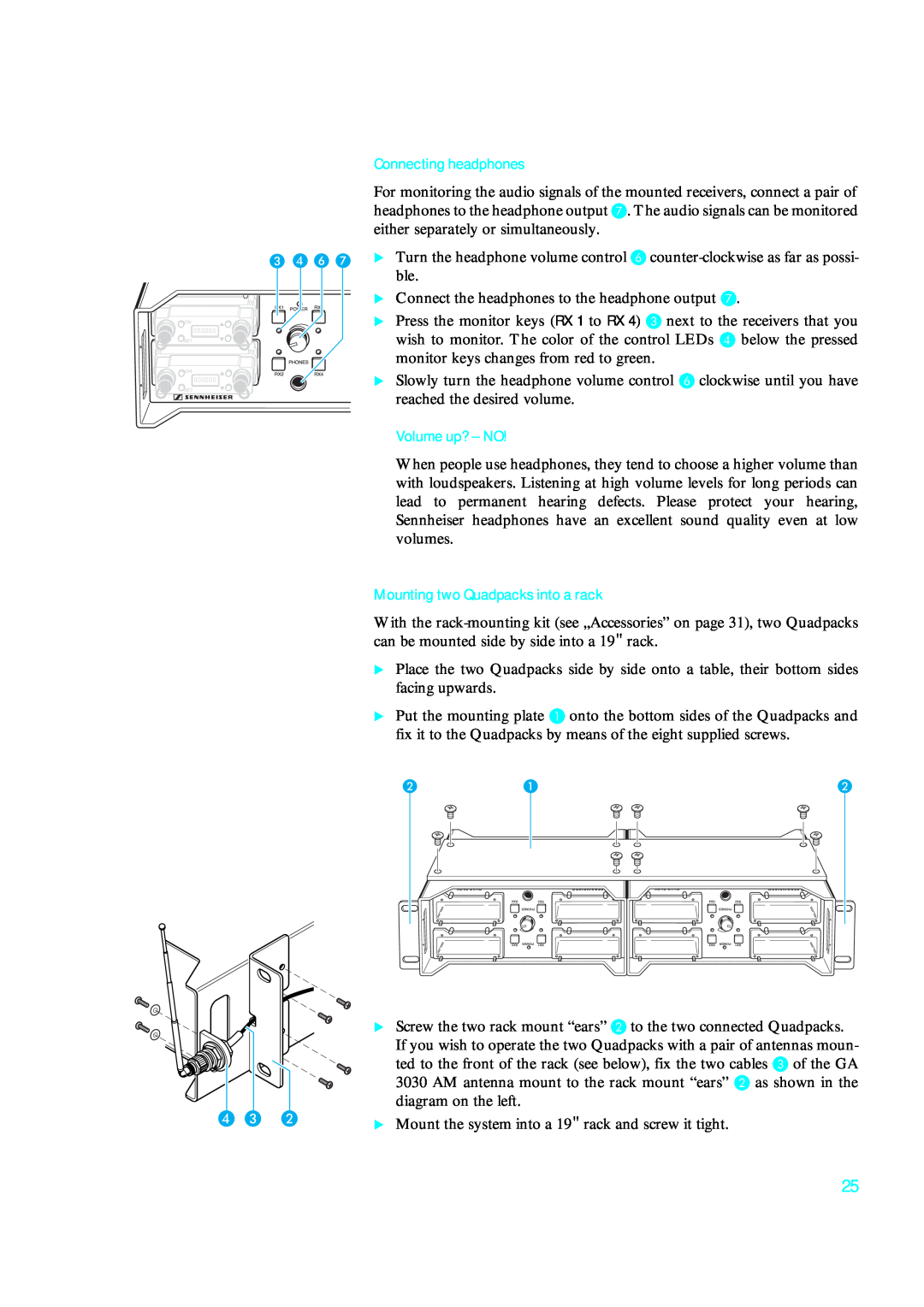 Sennheiser qp 3041 instruction manual Connecting headphones, Volume up? - NO, Mounting two Quadpacks into a rack, D C B 