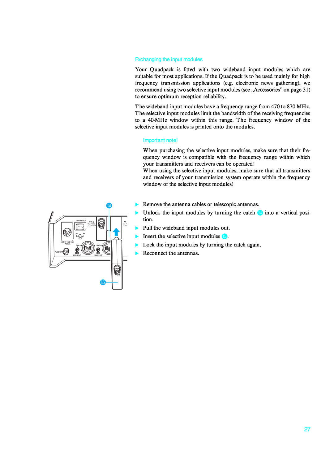Sennheiser qp 3041 instruction manual Exchanging the input modules, Important note 