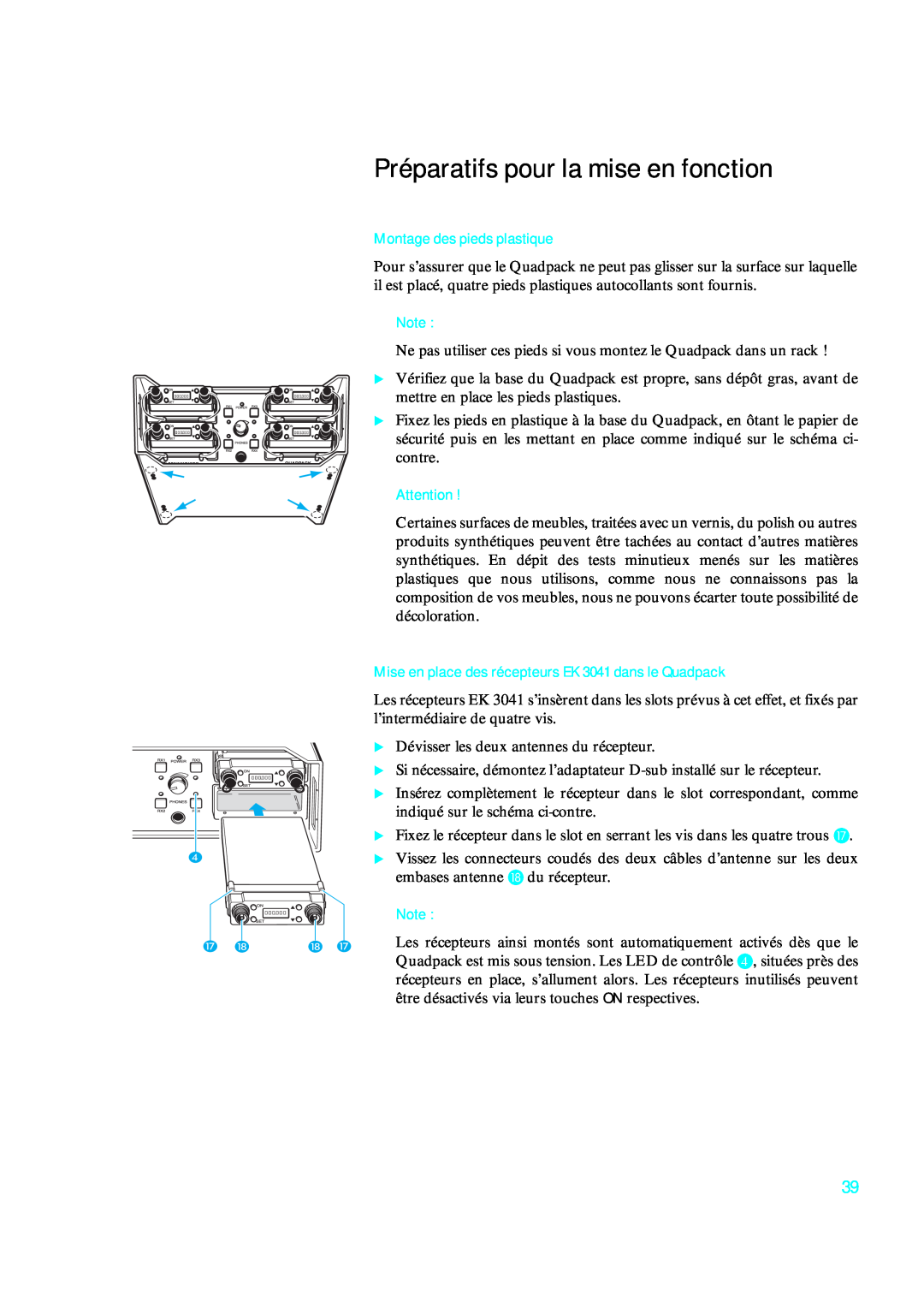 Sennheiser qp 3041 instruction manual Préparatifs pour la mise en fonction, Montage des pieds plastique 
