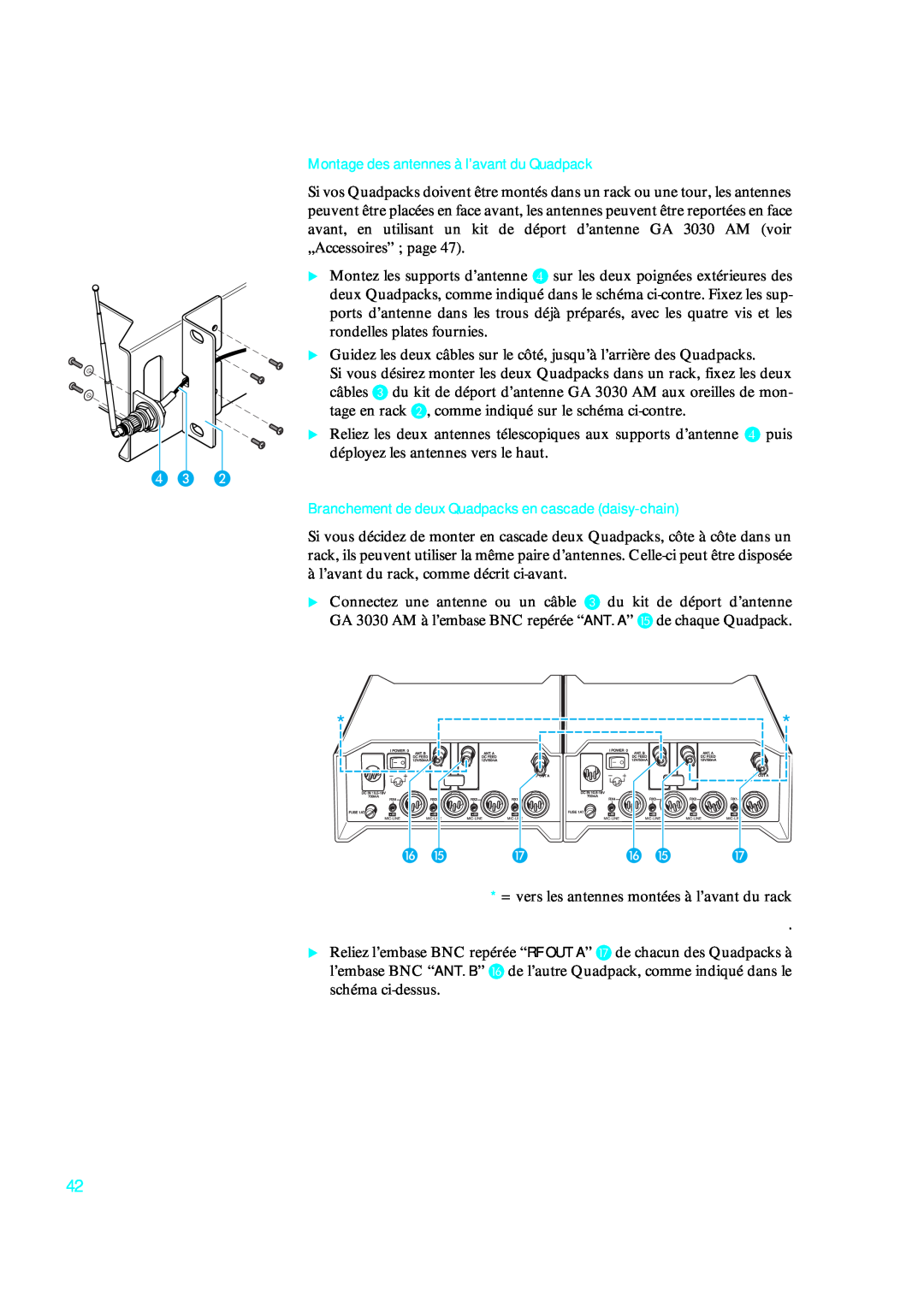 Sennheiser qp 3041 instruction manual Montage des antennes à l’avant du Quadpack, D C B, P O Q P O Q 