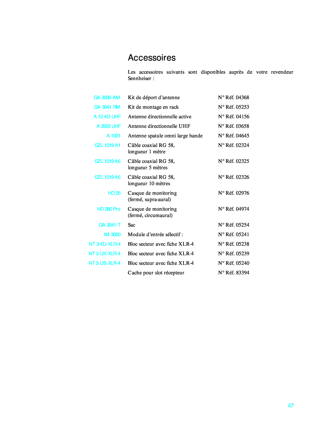 Sennheiser qp 3041 Accessoires, A 12 AD UHF, GZL 1019 A1, GZL 1019 A5, GA 3030-AM, GA 3041-RM, A 2003 UHF, HD 280 Pro 