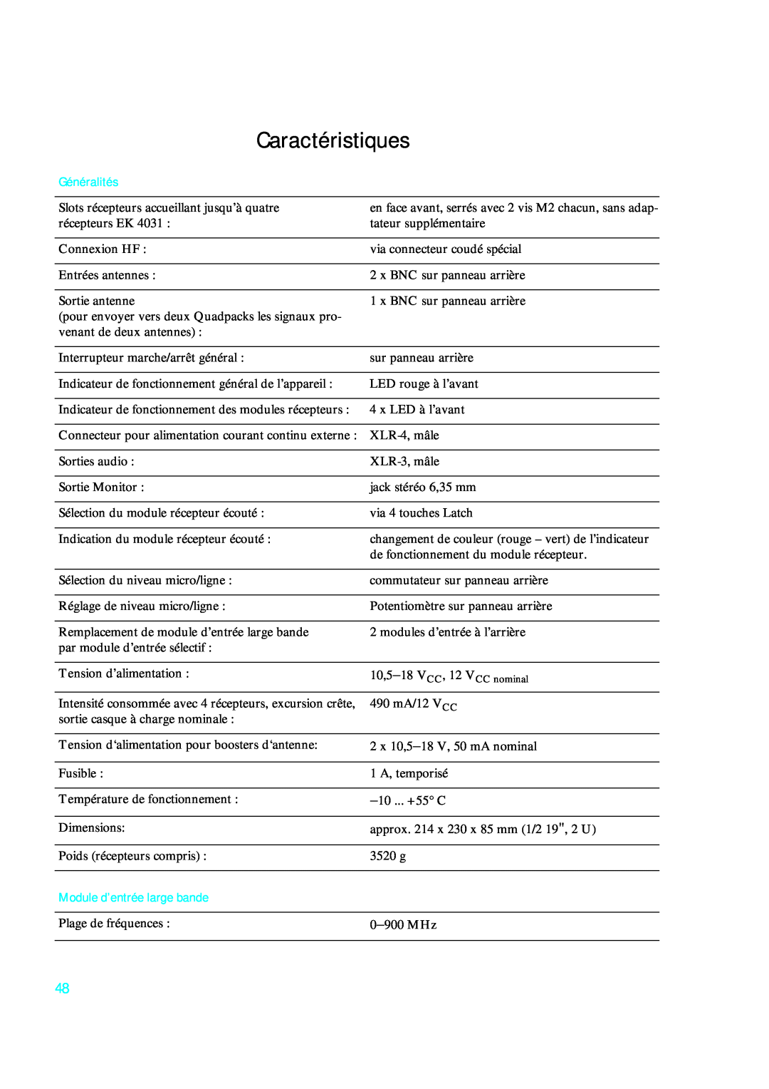 Sennheiser qp 3041 instruction manual Caractéristiques, Généralités, Module d’entrée large bande 