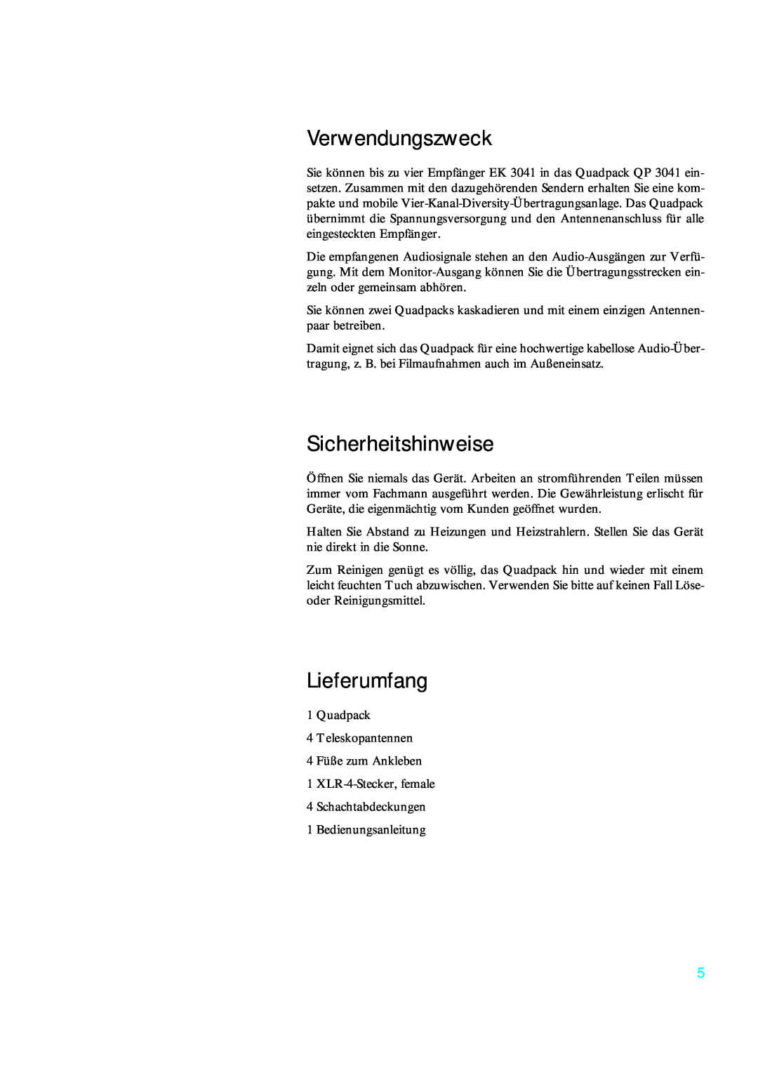 Sennheiser qp 3041 instruction manual Verwendungszweck, Sicherheitshinweise, Lieferumfang 