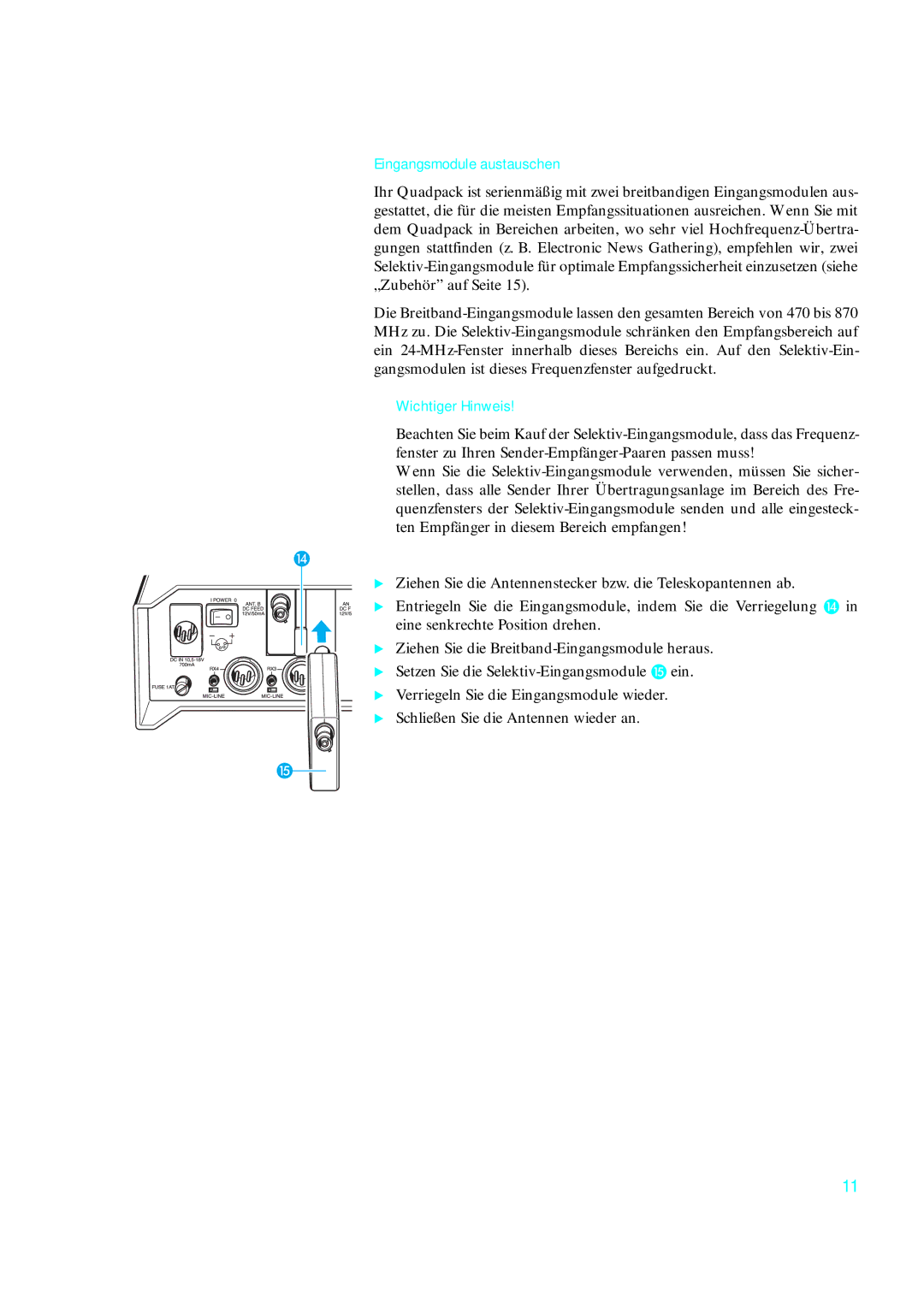 Sennheiser qp 3041 instruction manual Eingangsmodule austauschen, Wichtiger Hinweis 