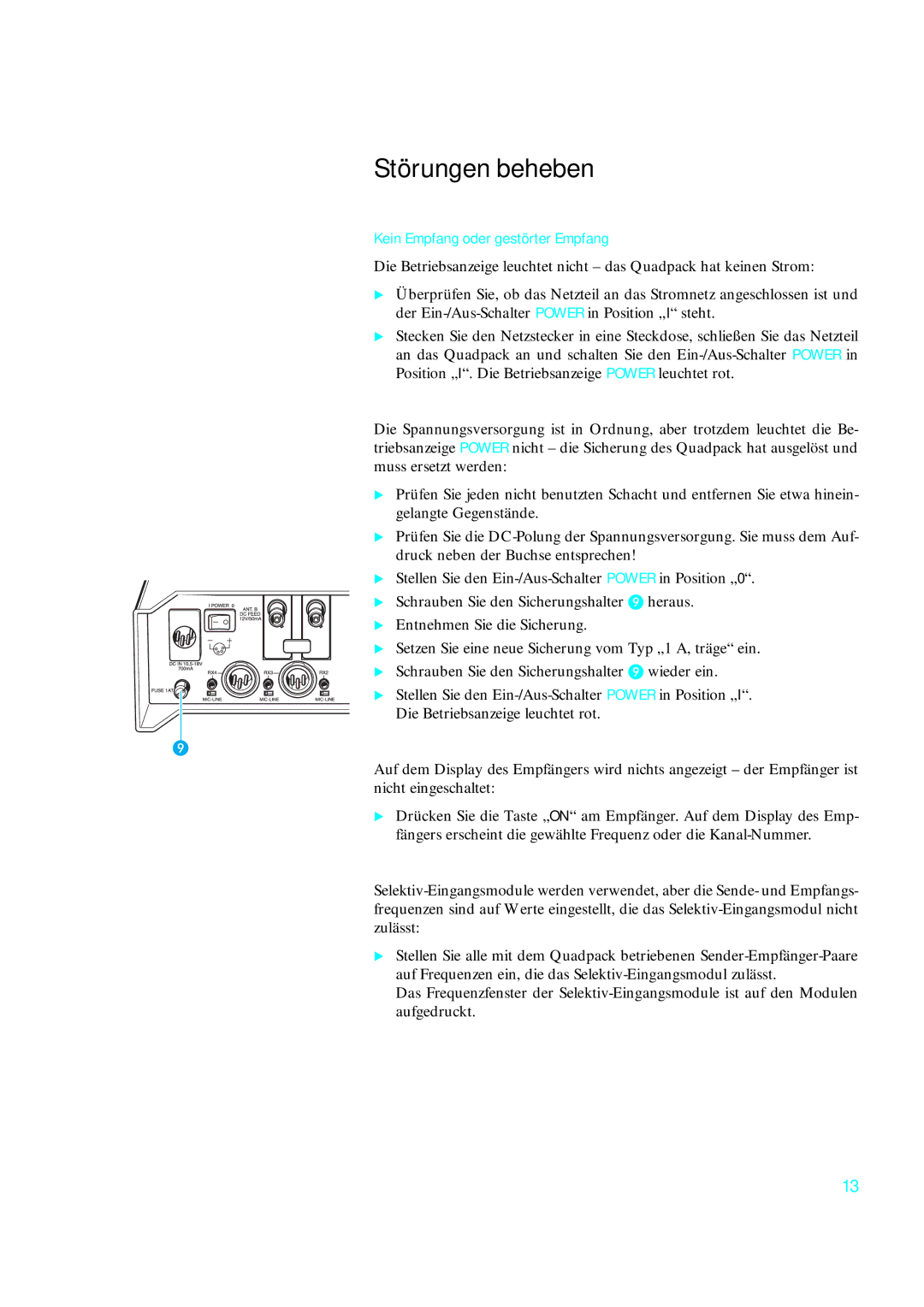 Sennheiser qp 3041 instruction manual Störungen beheben, Kein Empfang oder gestörter Empfang 