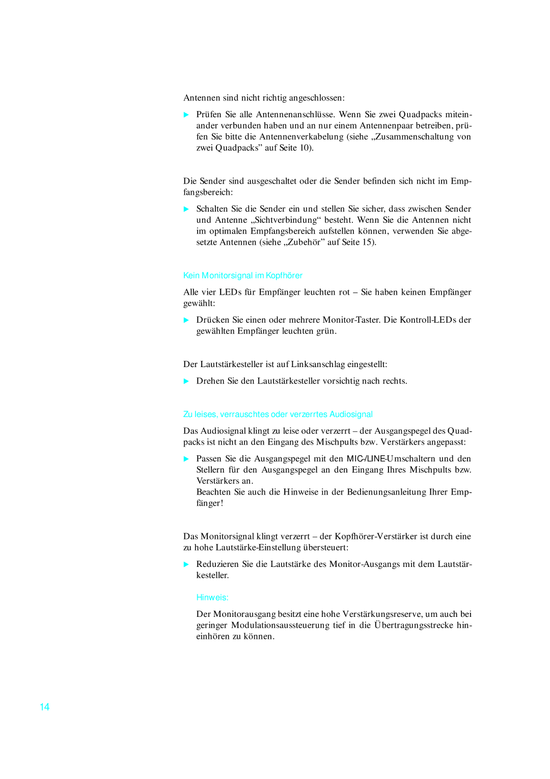 Sennheiser qp 3041 instruction manual Kein Monitorsignal im Kopfhörer, Zu leises, verrauschtes oder verzerrtes Audiosignal 