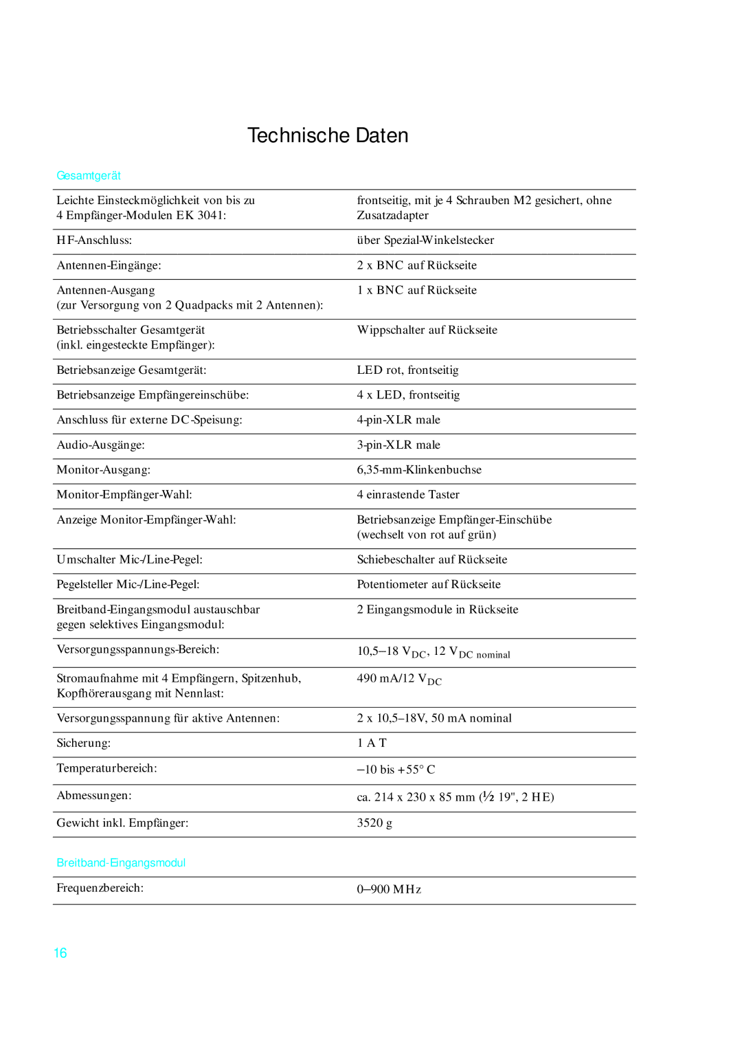 Sennheiser qp 3041 instruction manual Technische Daten, Gesamtgerät, Breitband-Eingangsmodul 