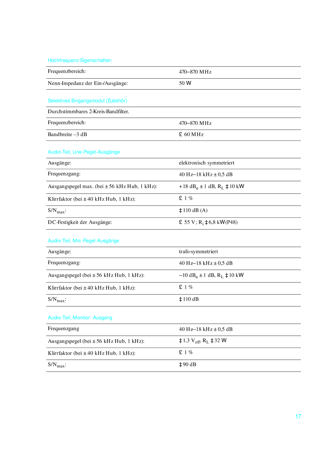 Sennheiser qp 3041 Hochfrequenz-Eigenschaften, Selektives Eingangsmodul Zubehör, Audio-Teil, Line-Pegel-Ausgänge 