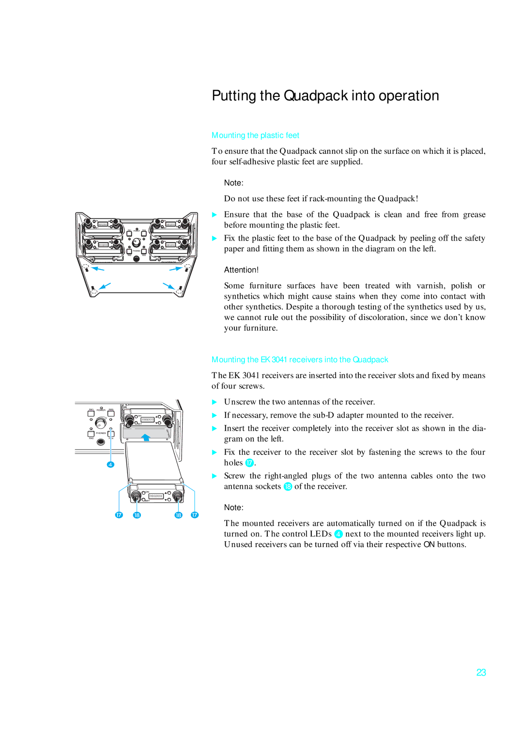 Sennheiser qp 3041 instruction manual Putting the Quadpack into operation, Mounting the plastic feet 