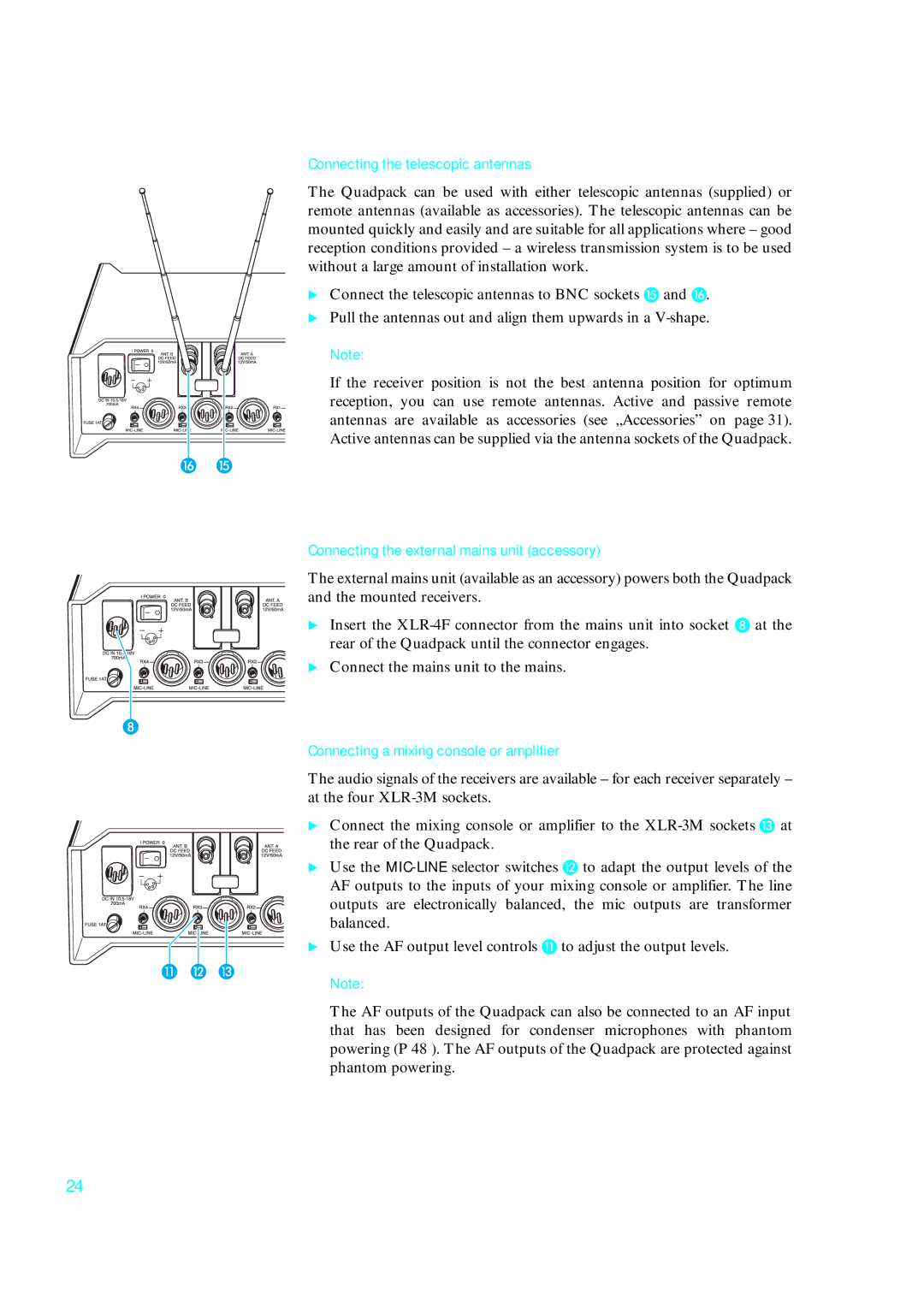 Sennheiser qp 3041 instruction manual Connecting the telescopic antennas, Connecting the external mains unit accessory 