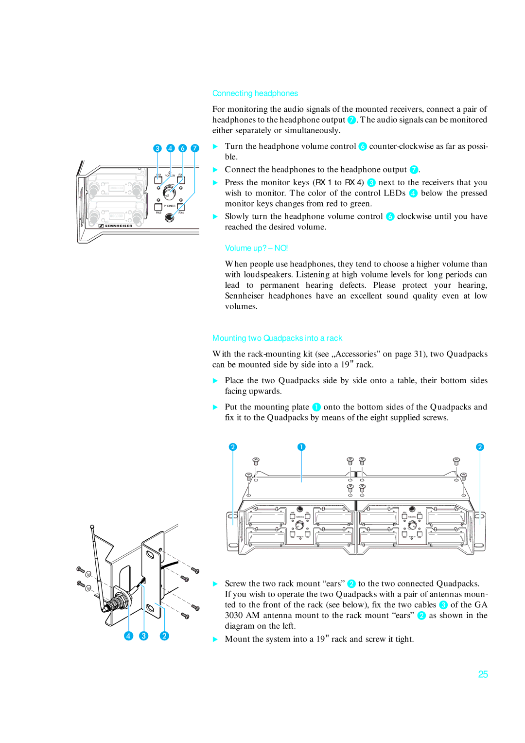 Sennheiser qp 3041 instruction manual Connecting headphones, Volume up? no, Mounting two Quadpacks into a rack 