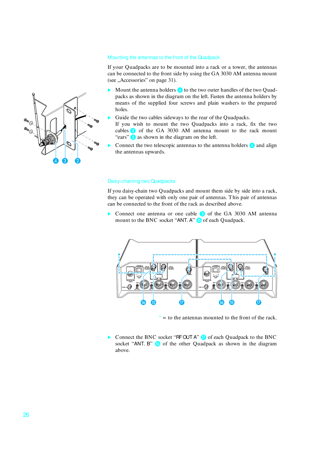 Sennheiser qp 3041 instruction manual Mounting the antennas to the front of the Quadpack, Daisy-chaining two Quadpacks 