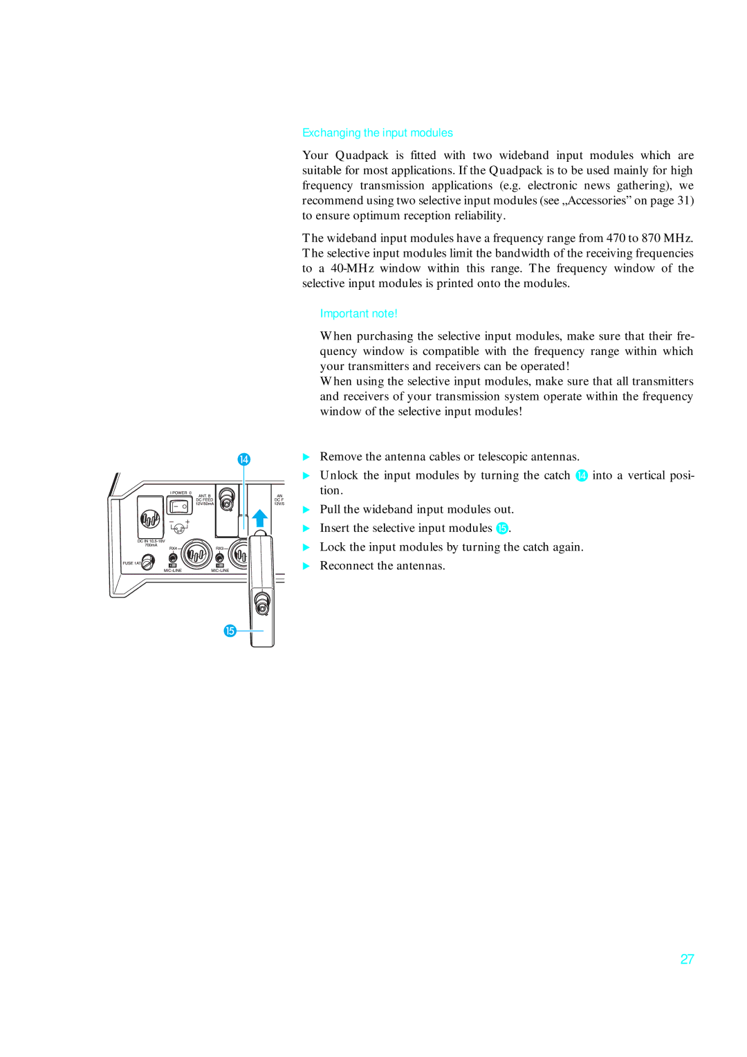 Sennheiser qp 3041 instruction manual Exchanging the input modules, Important note 