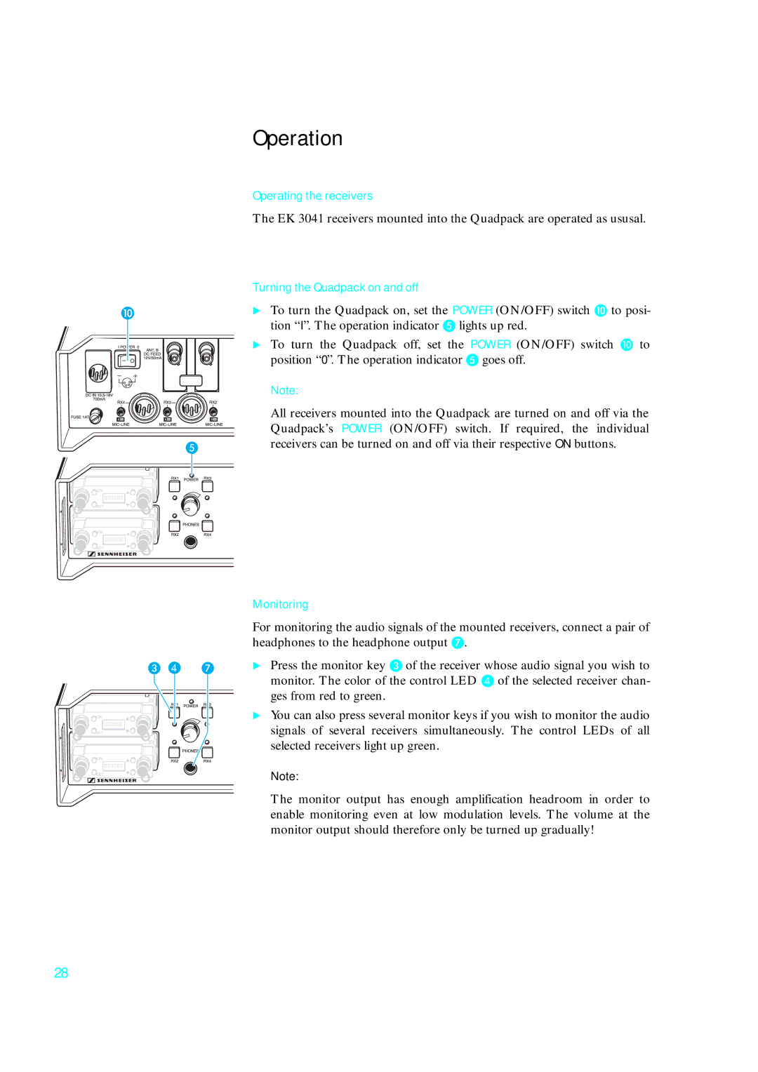 Sennheiser qp 3041 instruction manual Operation, Operating the receivers, Turning the Quadpack on and off 