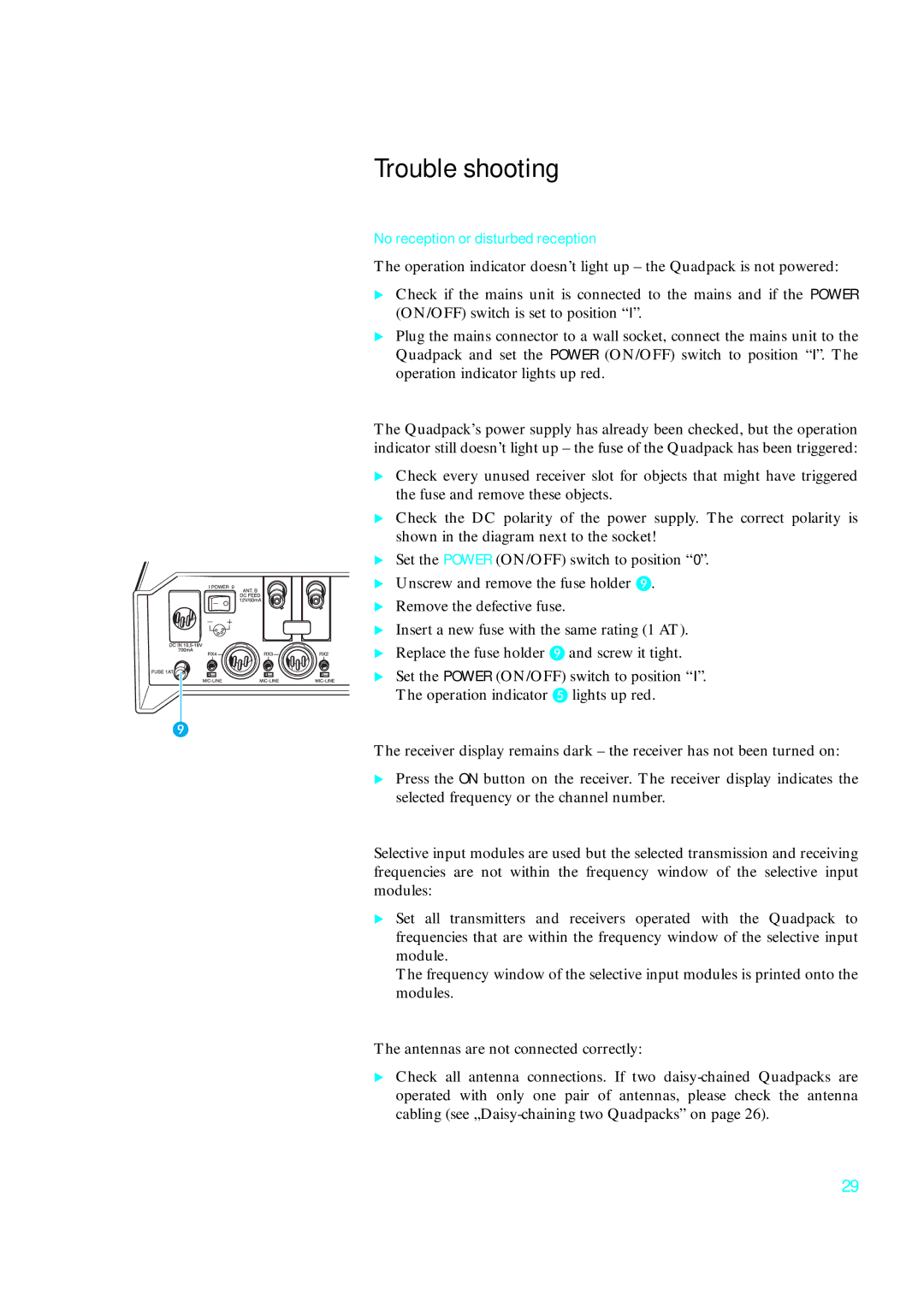 Sennheiser qp 3041 instruction manual Trouble shooting, No reception or disturbed reception 