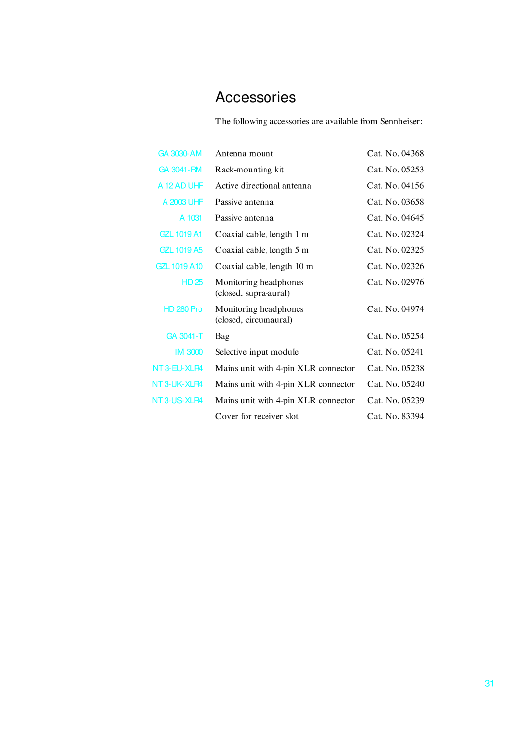 Sennheiser qp 3041 instruction manual Accessories, GA 3030-AM 