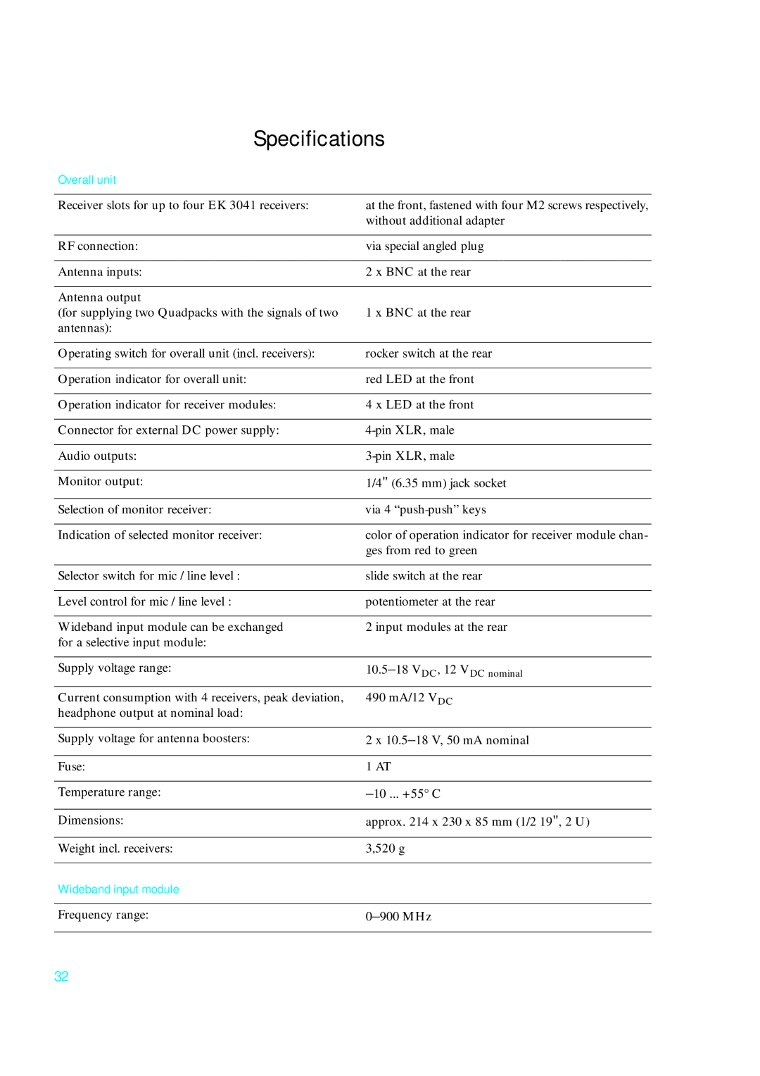 Sennheiser qp 3041 instruction manual Specifications, Overall unit, Wideband input module 