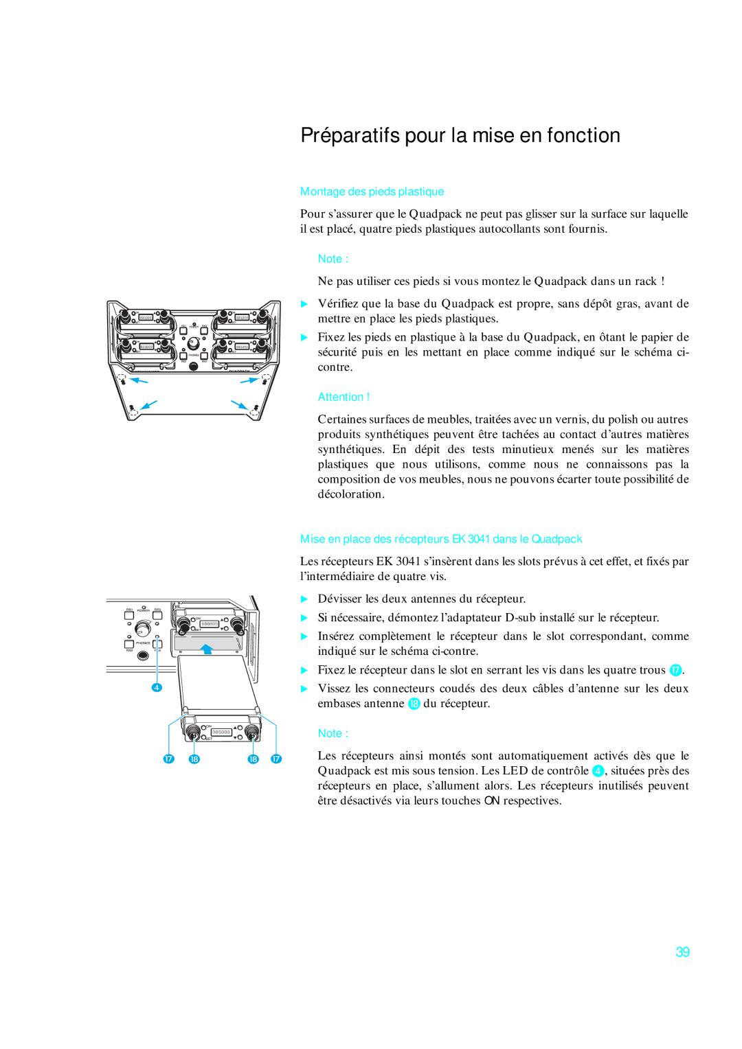 Sennheiser qp 3041 instruction manual Préparatifs pour la mise en fonction, Montage des pieds plastique 