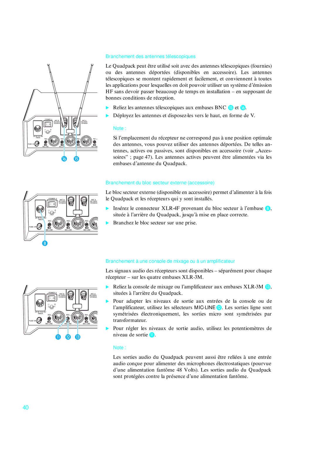 Sennheiser qp 3041 Branchement des antennes télescopiques, Branchement du bloc secteur externe accessoire 