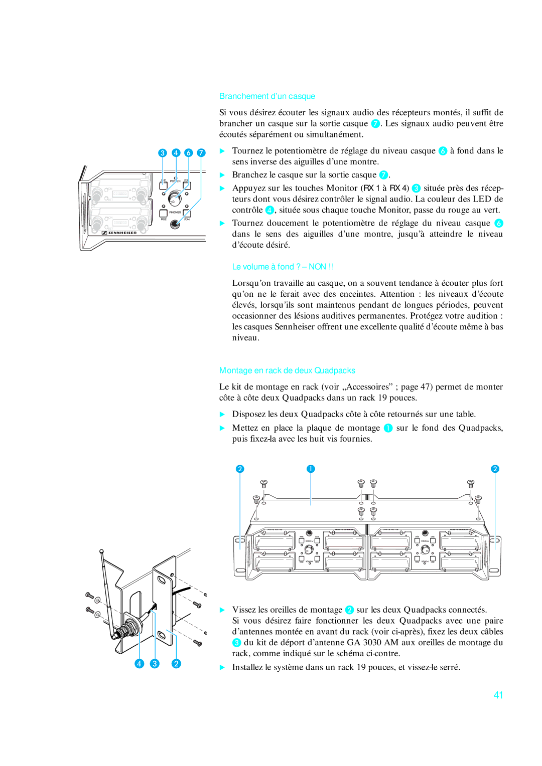 Sennheiser qp 3041 instruction manual Branchement d’un casque, Le volume à fond ? NON, Montage en rack de deux Quadpacks 