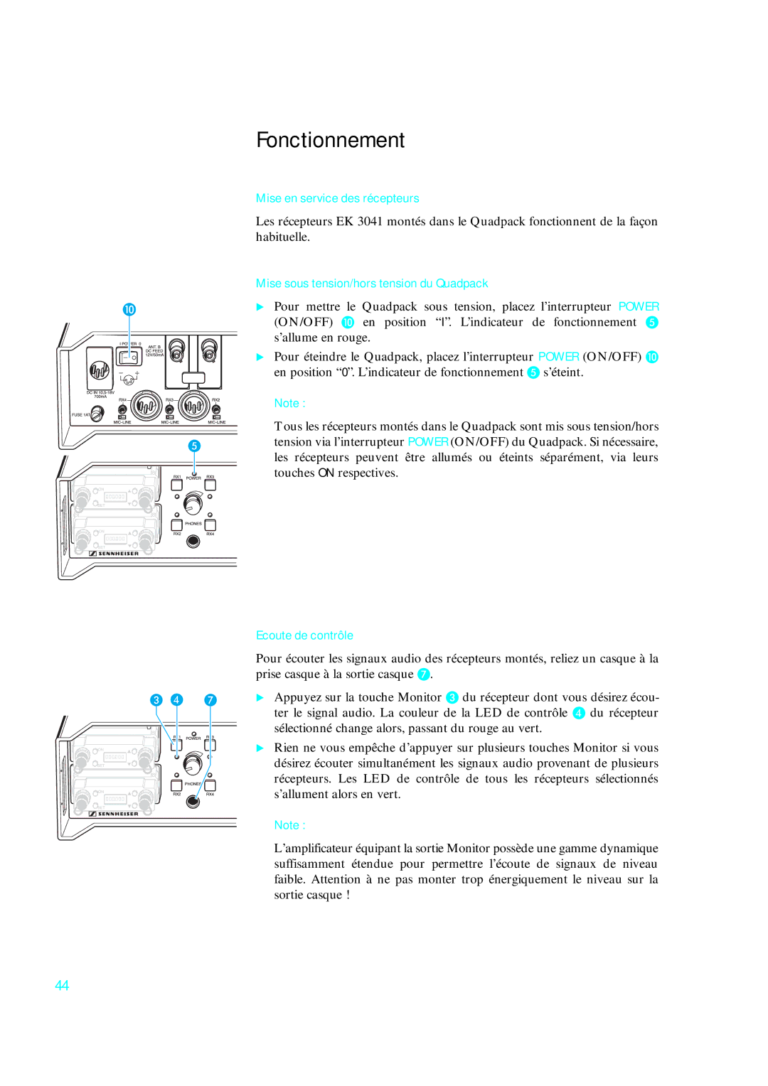 Sennheiser qp 3041 Fonctionnement, Mise en service des récepteurs, Mise sous tension/hors tension du Quadpack 