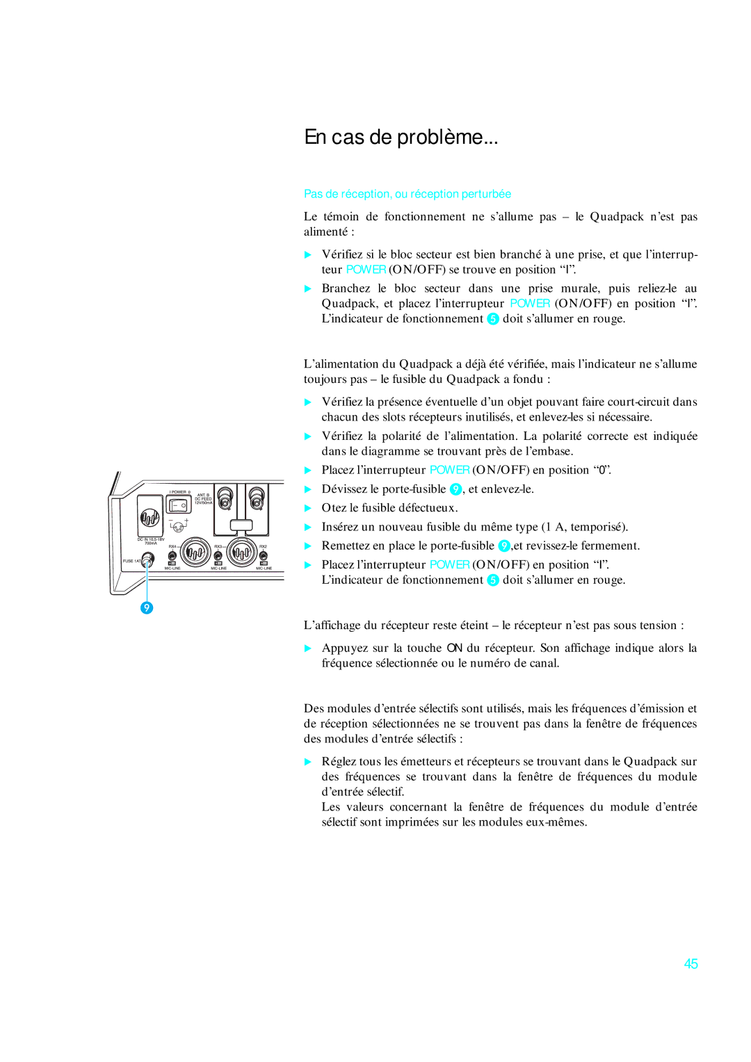 Sennheiser qp 3041 instruction manual En cas de problème, Pas de réception, ou réception perturbée 