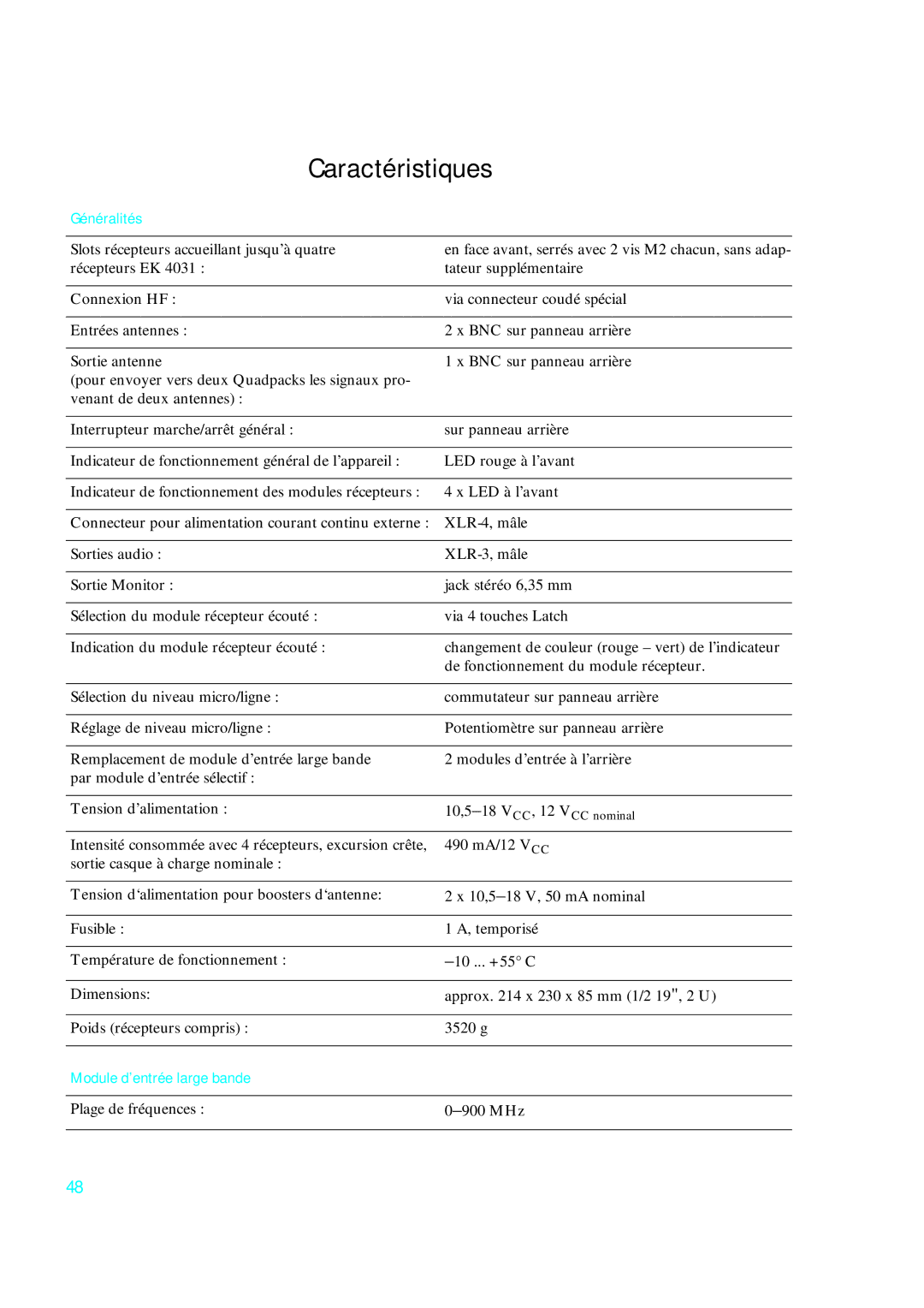 Sennheiser qp 3041 instruction manual Caractéristiques, Généralités, Module d’entrée large bande 