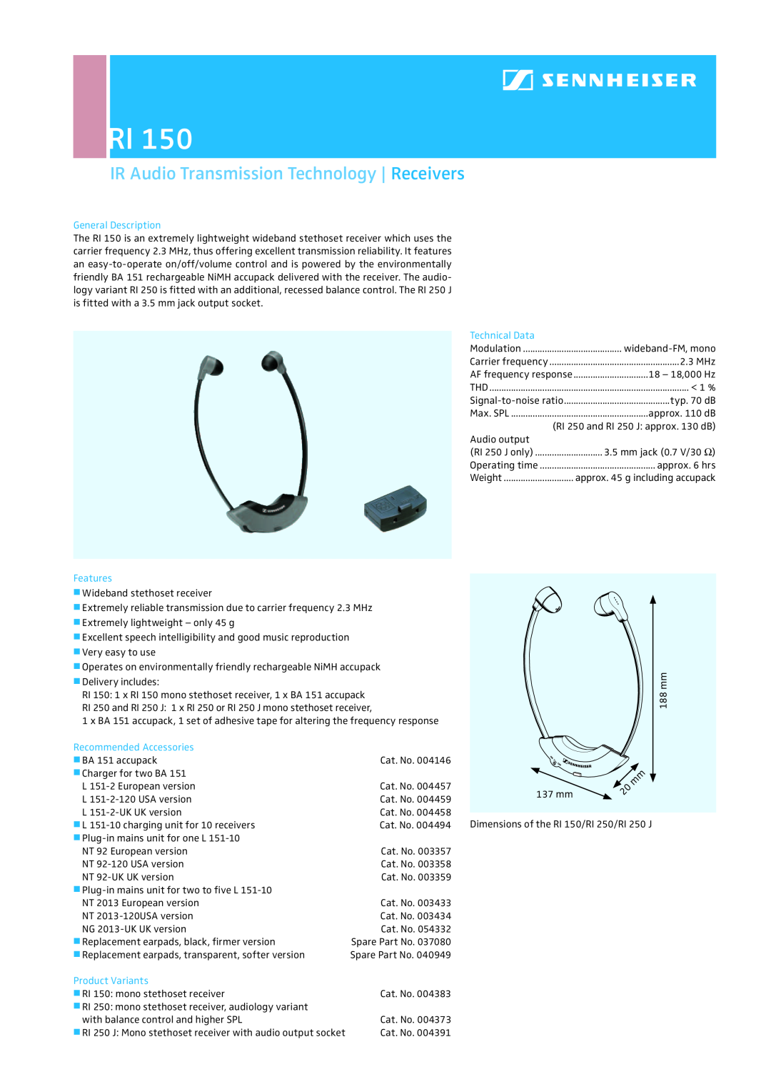 Sennheiser RI 150 dimensions IR Audio Transmission Technology Receivers, General Description, Features, Product Variants 