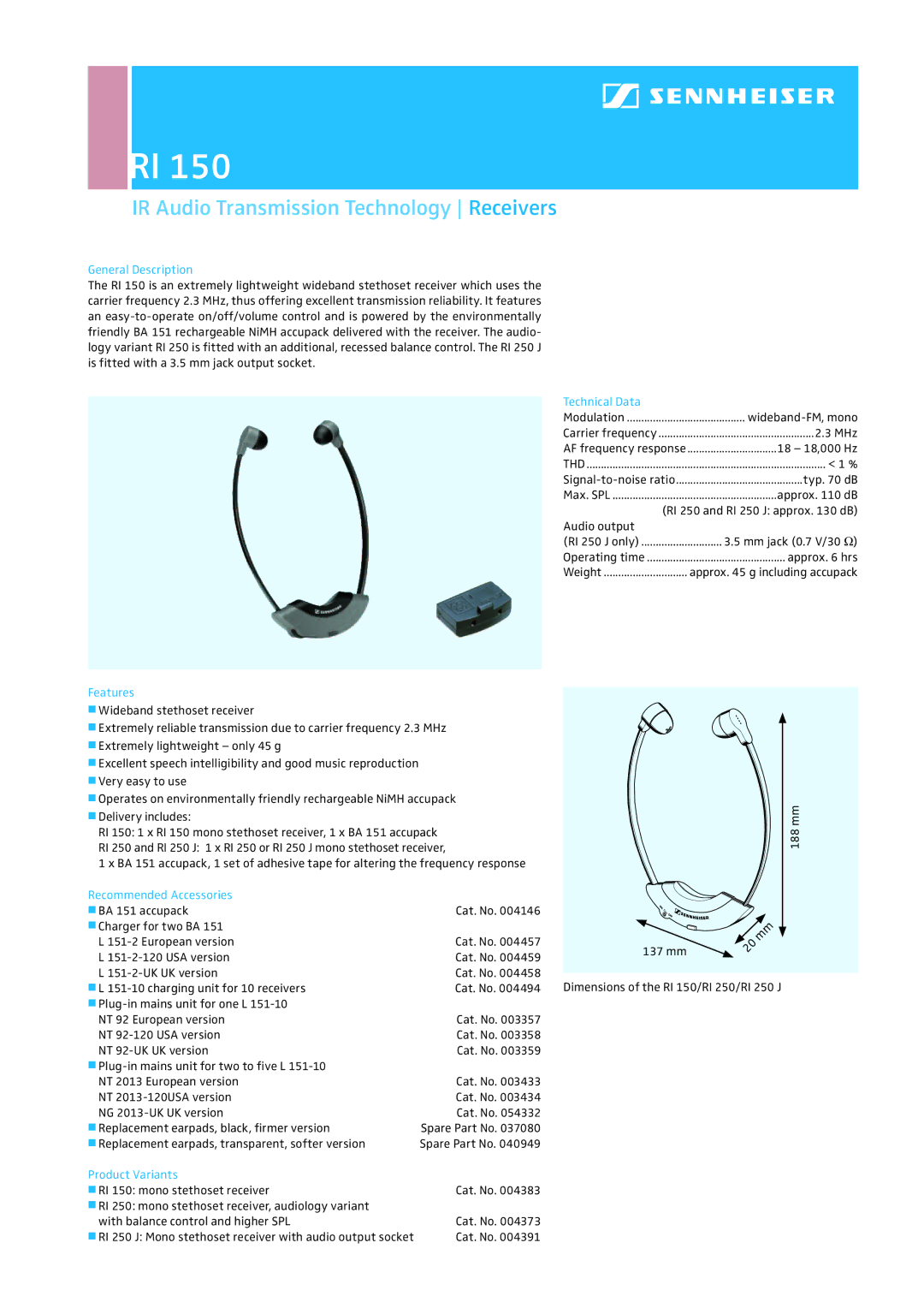 Sennheiser RI 150 dimensions IR Audio Transmission Technology Receivers 