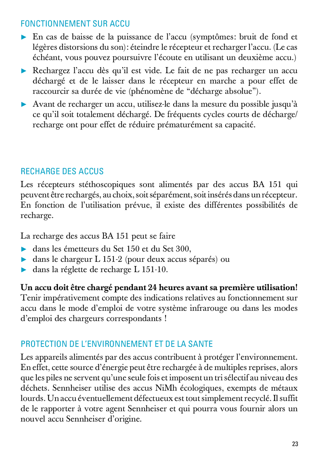 Sennheiser RI 300 manual Fonctionnement SUR Accu, Recharge DES Accus, Protection DE L’ENVIRONNEMENT ET DE LA Sante 