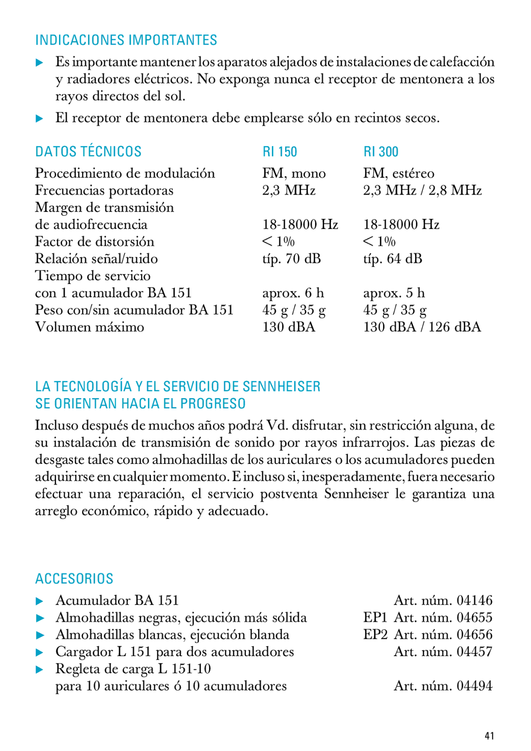 Sennheiser RI 300 manual Indicaciones Importantes, Datos Técnicos, Accesorios 