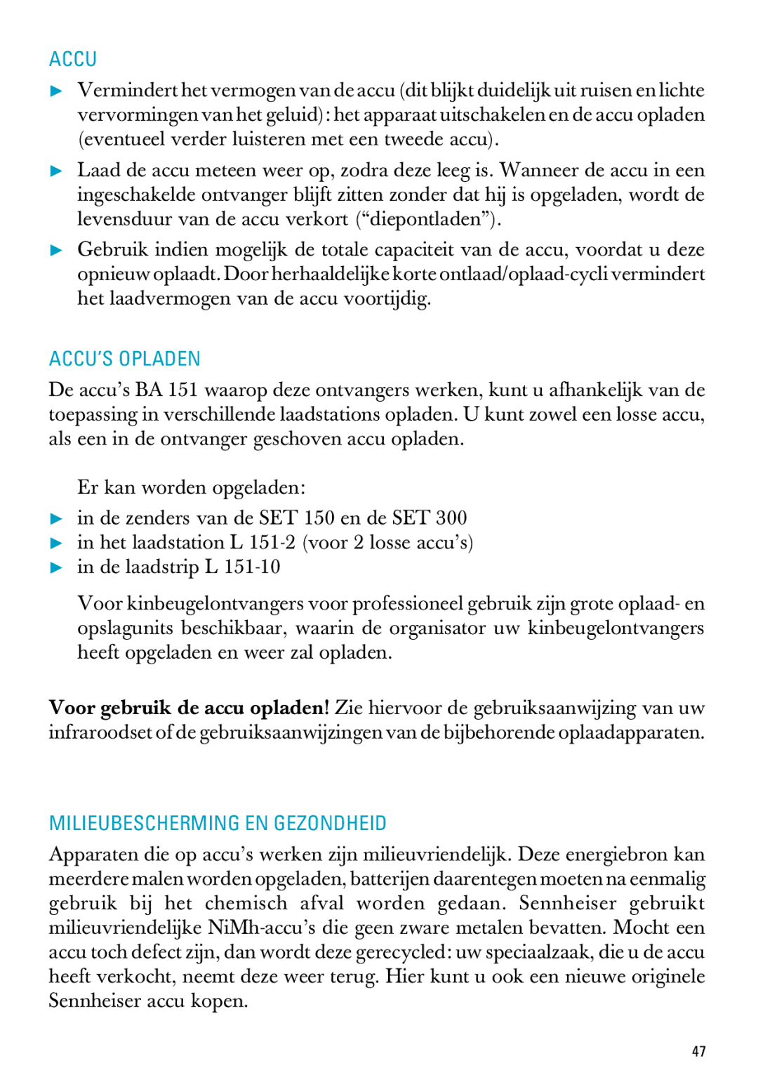 Sennheiser RI 300 manual Accu, ACCU’S Opladen, Milieubescherming EN Gezondheid 