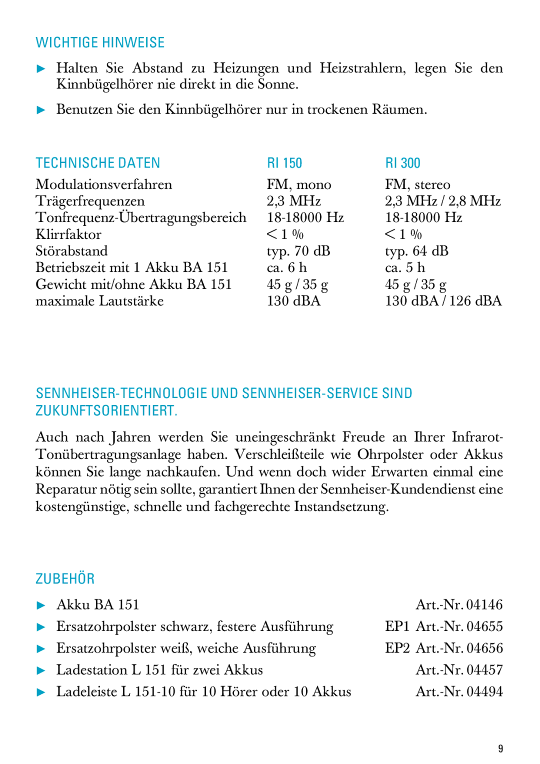 Sennheiser RI 300 manual Wichtige Hinweise, Technische Daten, Zubehör 