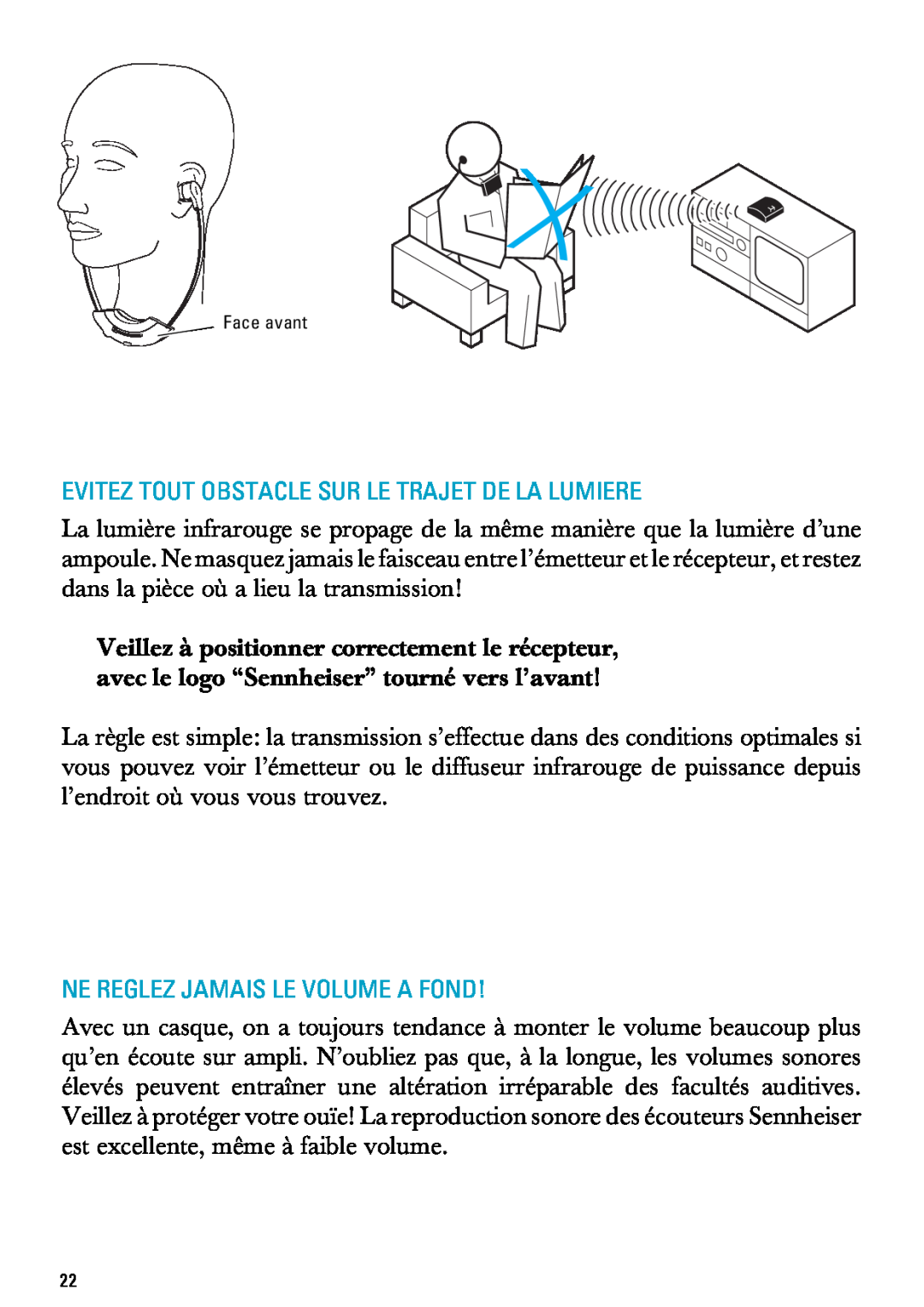 Sennheiser RI 300 manual Evitez Tout Obstacle Sur Le Trajet De La Lumiere, Ne Reglez Jamais Le Volume A Fond, Face avant 