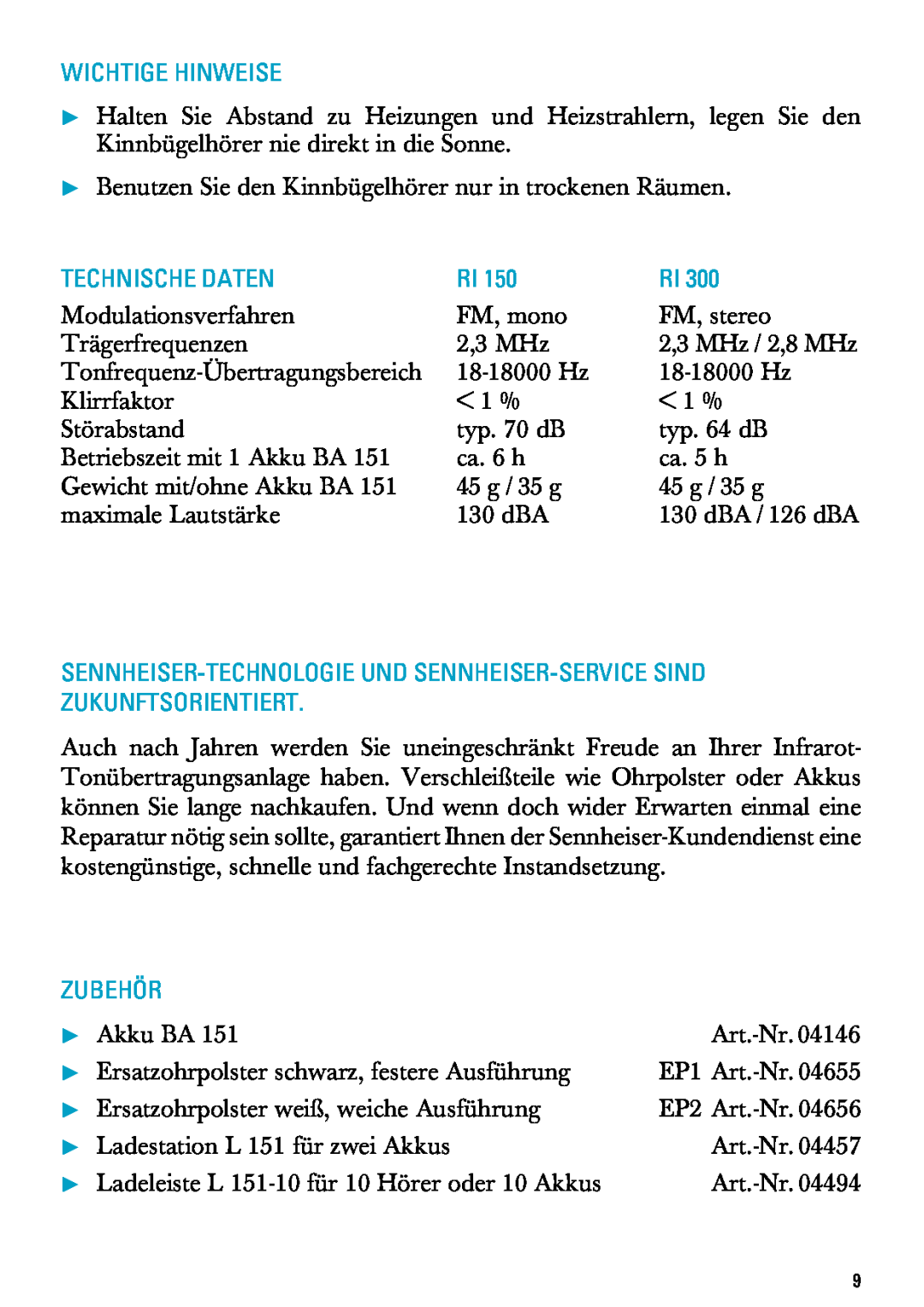Sennheiser RI 300 manual Wichtige Hinweise, Technische Daten, Zubehör, Modulationsverfahren 