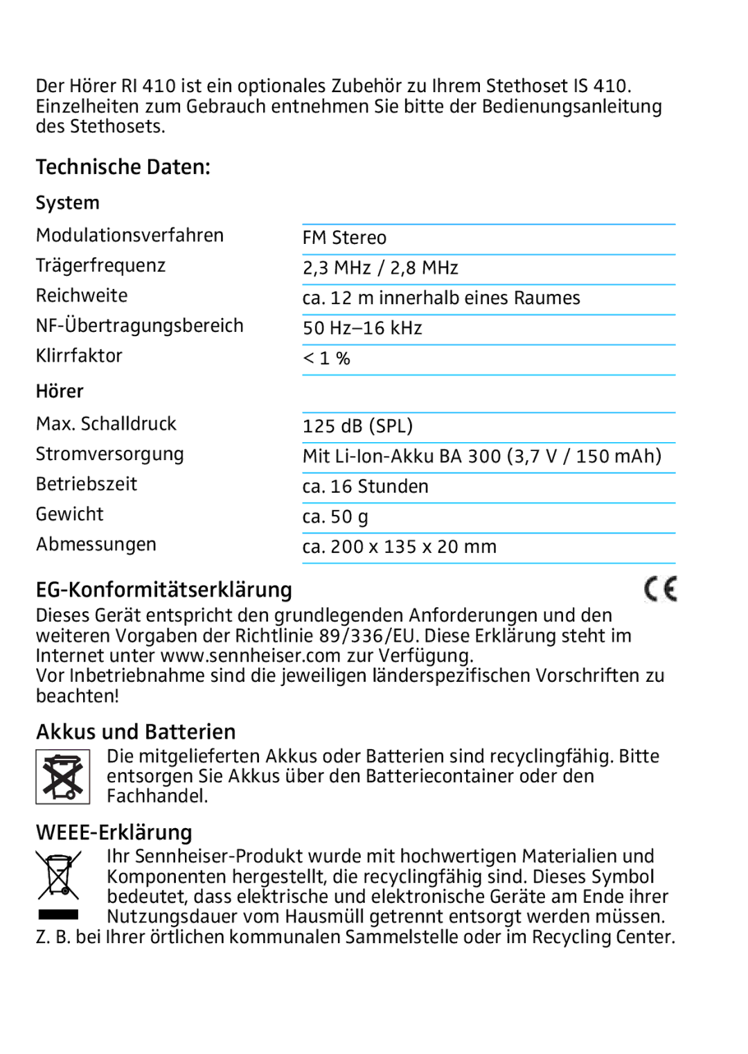 Sennheiser RI 410 manual Technische Daten, EG-Konformitätserklärung, Akkus und Batterien, WEEE-Erklärung 