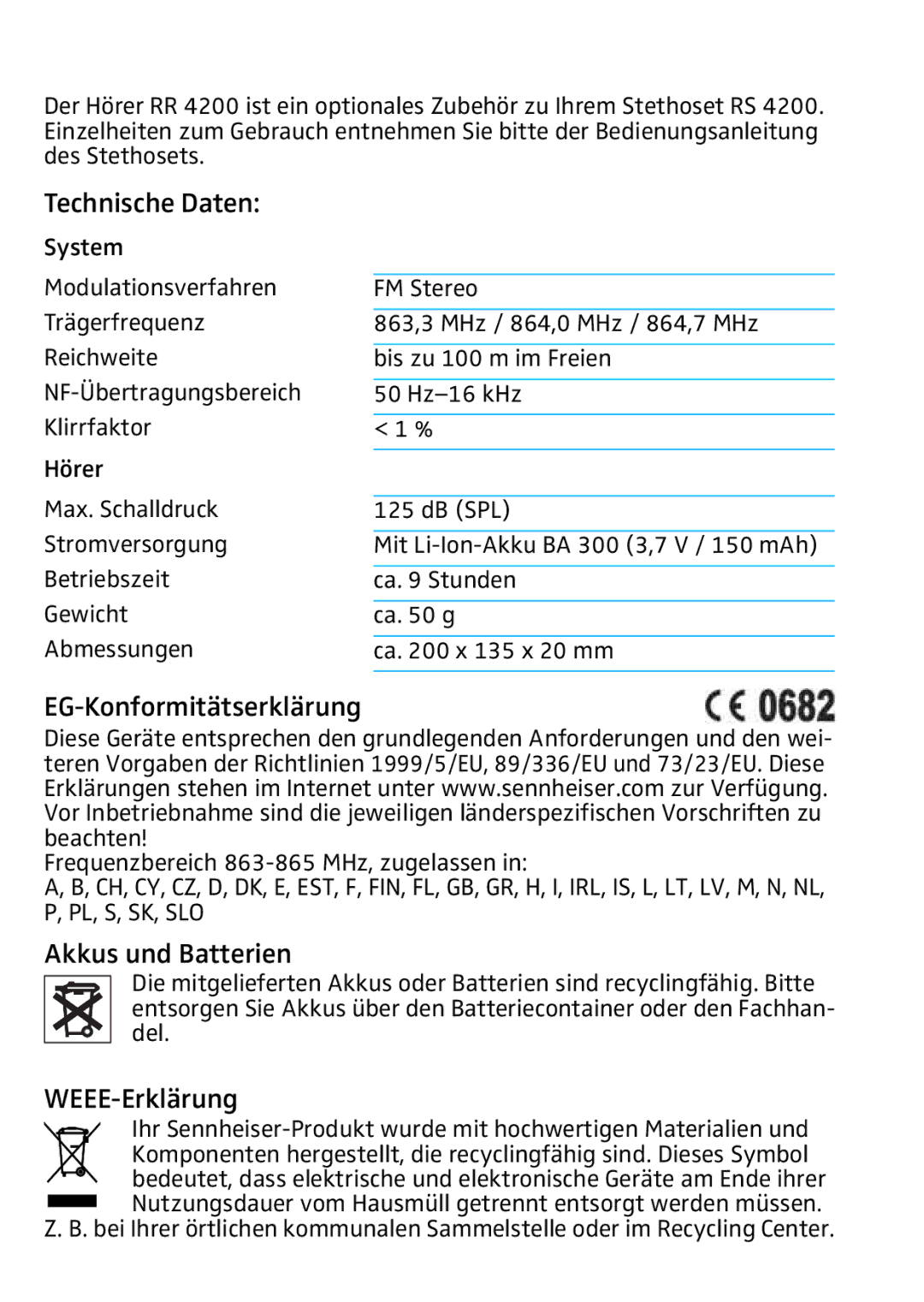 Sennheiser RR4200 manual Technische Daten, EG-Konformitätserklärung, Akkus und Batterien, WEEE-Erklärung 