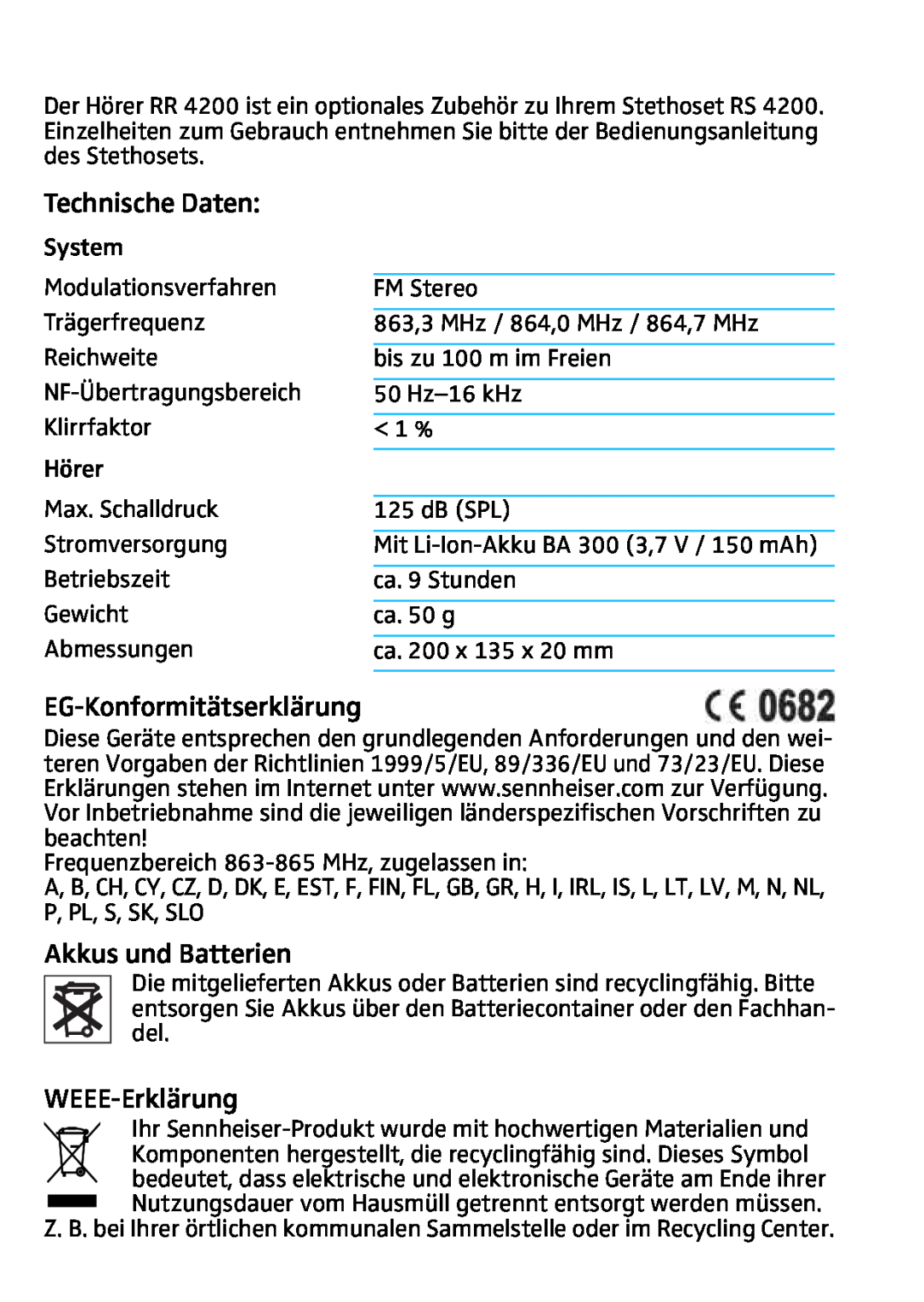Sennheiser RR4200 manual Technische Daten, EG-Konformitätserklärung, Akkus und Batterien, WEEE-Erklärung 