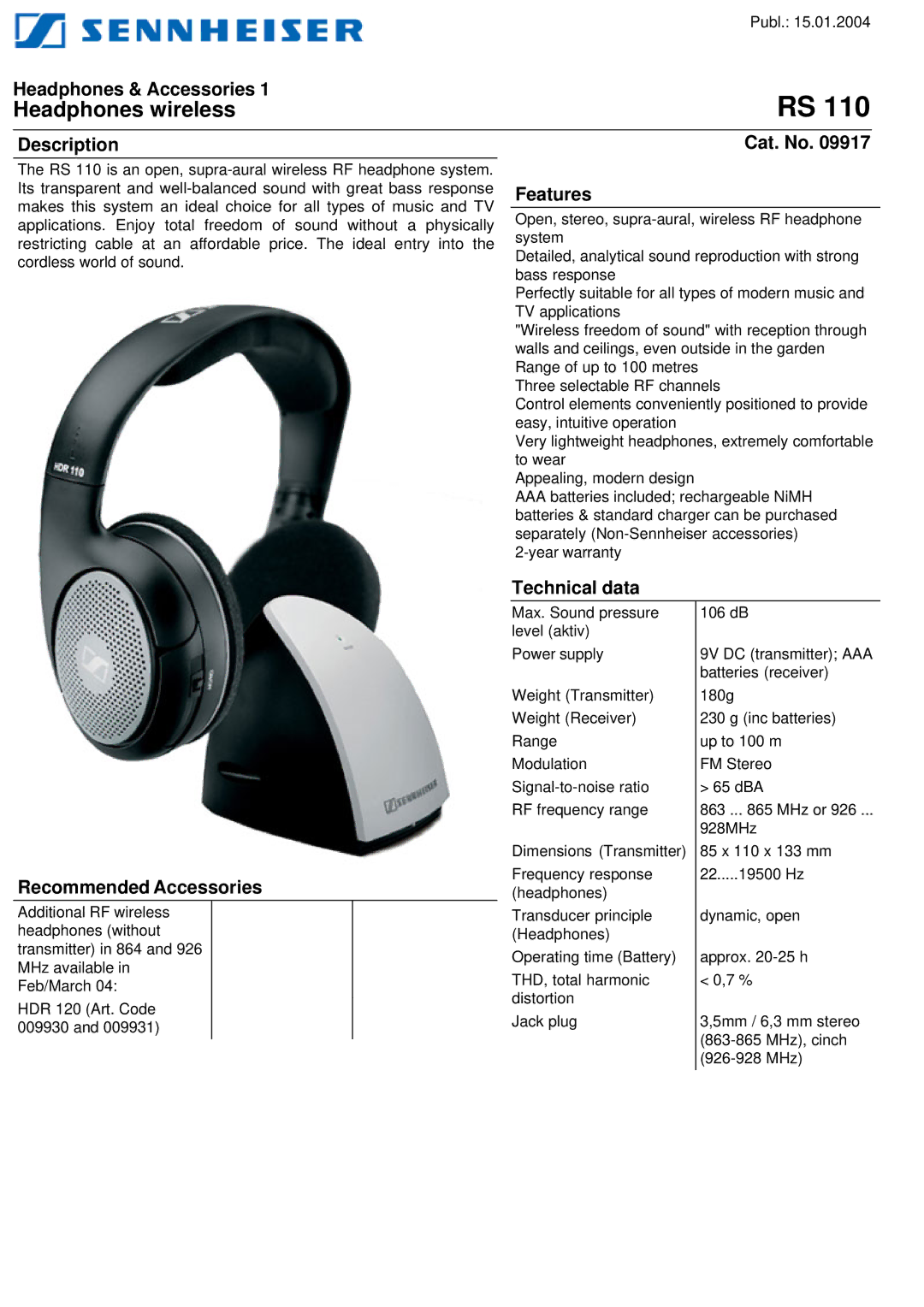 Sennheiser 09917, RS 110 warranty Headphones wireless, Headphones & Accessories, Description Cat. No, Features 