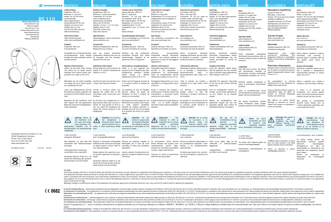 Sennheiser RS 110 specifications Lieferumfang, Delivery includes, Contenu de la fourniture, Dotazione di consegna, Osat 